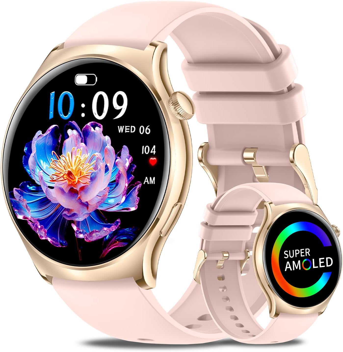 Smart Watch for Women (Answer/Make Calls) 1.43" HD AMOLED Fitness Tracker Smartwatch for Android & iPhone Phones with Bluetooth Call/Heart Rate Sleep Monitor/120+ Sports Modes/IP68 Waterproof, Pink