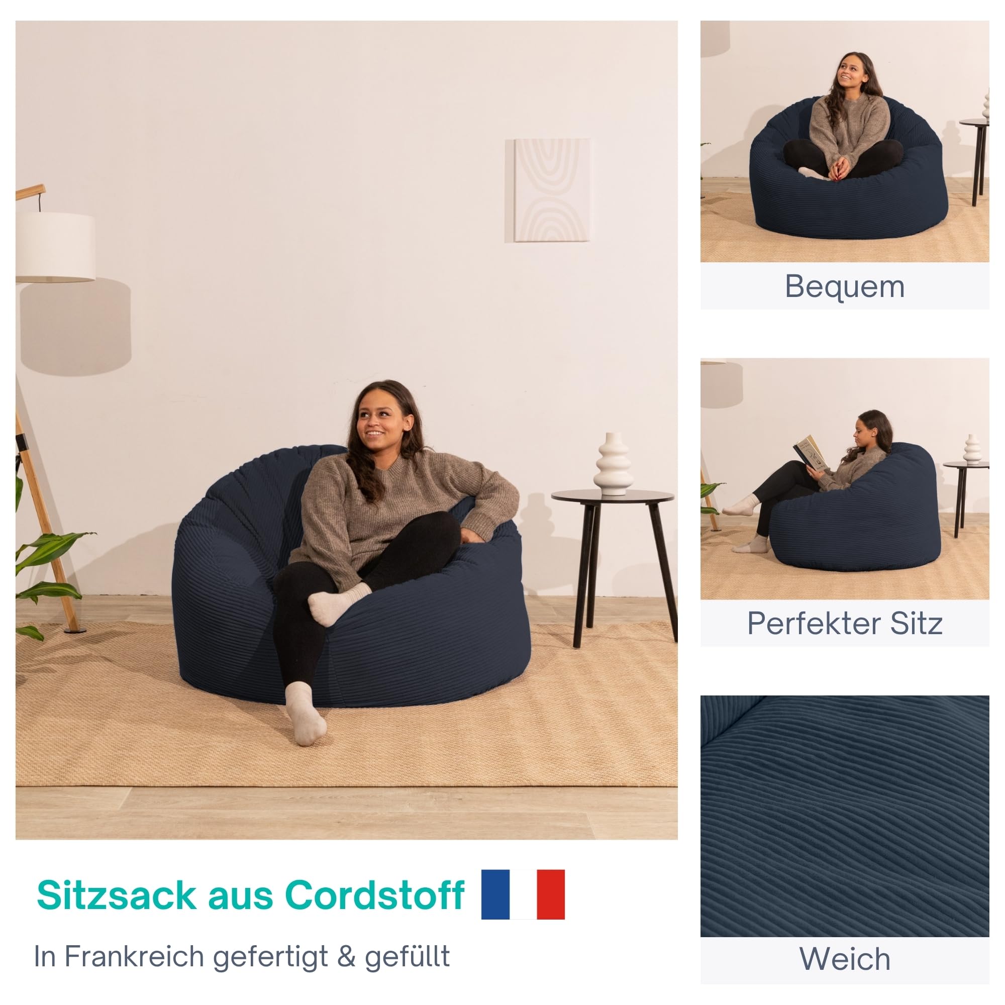 bananair - Sitzsack aus Cordstoff Breit Gerippt für Erwachsene und Kinder - Weich, Bequem und Elegant - Optimale Unterstützung - Sitzsack Sessel XXL mit Füllung, Bean Bag (100 cm, Dunkelblau)