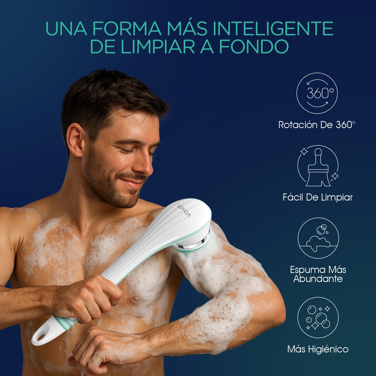 VOYOR Cepillo Espalda Ducha Cepillo Corporal 4 en 1 Electrico Recargable Cepillo Baño Espalda con Mango Largo para Exfoliante, Limpieza De La Piel, Masaje BC100 (Azul)