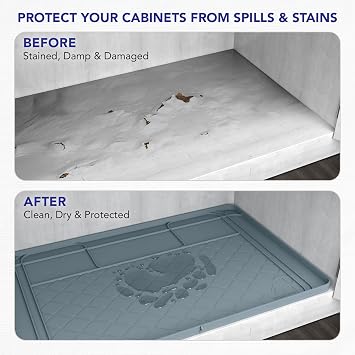 Premium Under Sink Mats for Kitchen Waterproof, 34 x 22 (Customizable to Smaller Sizes), Silicone Under Kitchen Sink Mat for Bathroom Cabinets, Holds up to 3.3 Gallons of Liquid Grey