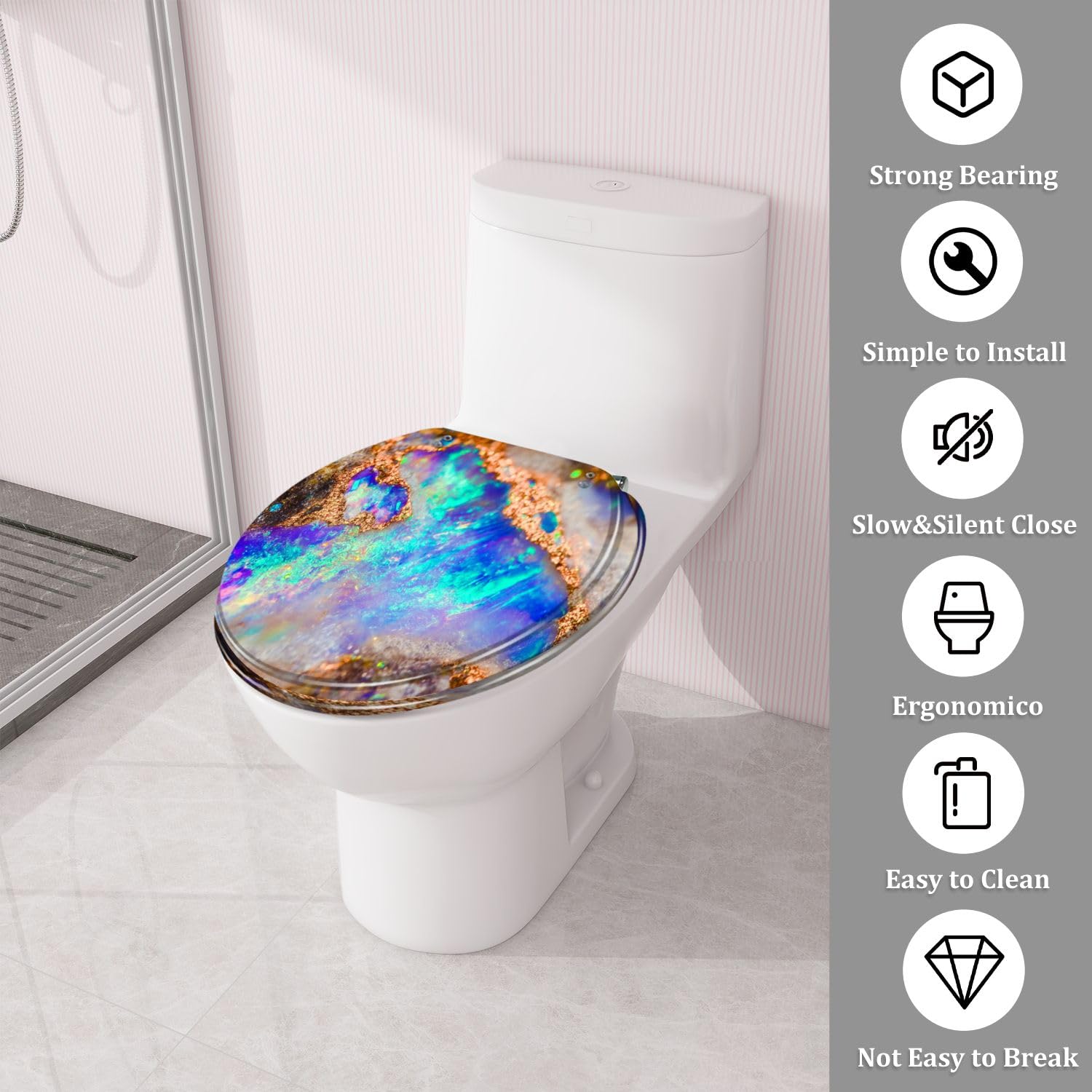 Asiento de inodoro redondo de resina con tapa y bisagras de liberación rápida para baño.