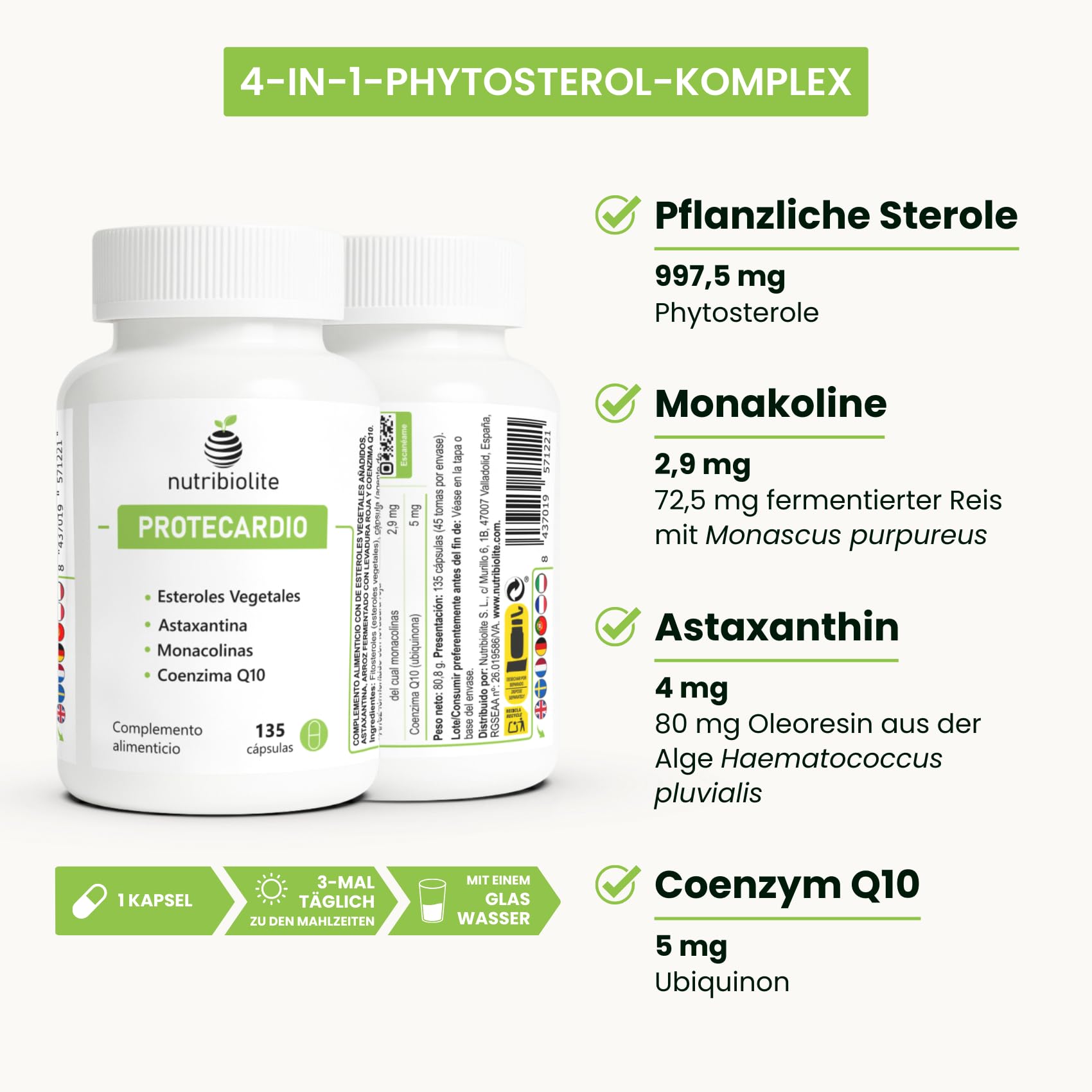 Cholesterin Komplex mit Pflanzlichen Sterolen 997,5 MG, Roter Reis (Monakoline), Coenzym Q10 & Astaxanthin – 135 vegane Kapseln ohne Zusatzstoffe | Protecardio Nutribiolite