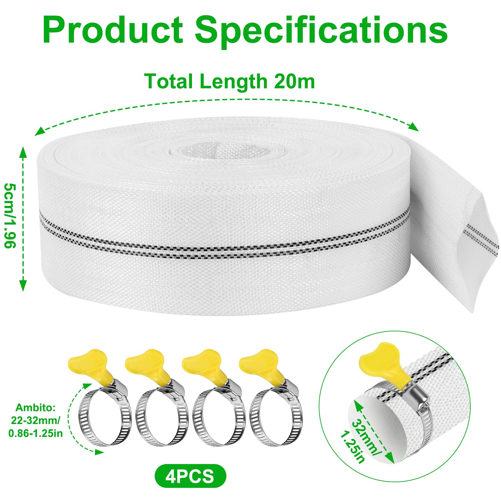 32mm x 20m Pool Backwash Hose, Layflat Discharge Hose with 4 Clamps, Heavy Duty PVC Water Pump Hose, Lay Flat Pump Drain Pipe for Pool Industrial Agricultural Use — view 2