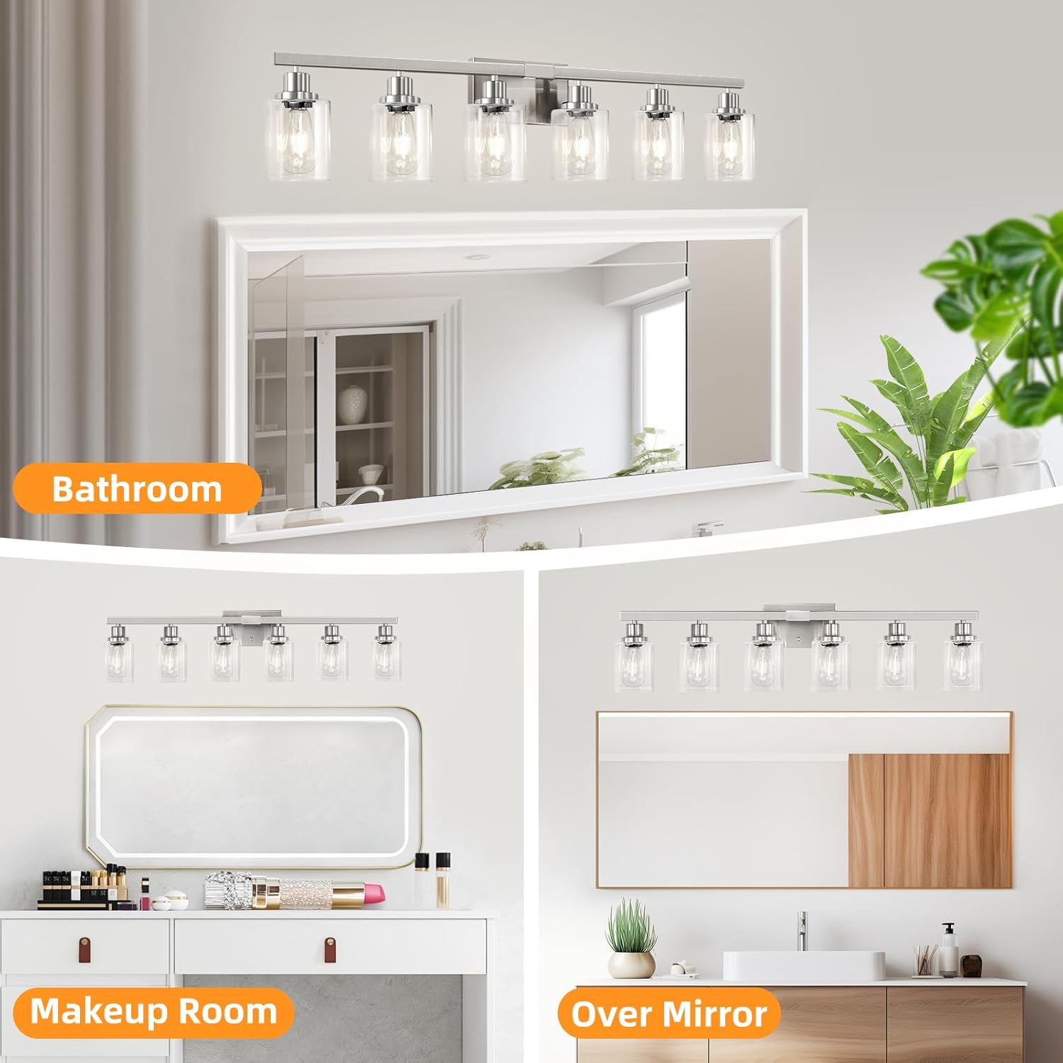 38" Bathroom Vanity Light Fixtures, 6-Light Brushed Nickel Vanity Lights for Bathroom, Wall Sconce Lighting with Square Clear Glass Shade, Bath Wall Mounted Lamp for Mirror Bedroom Living Room