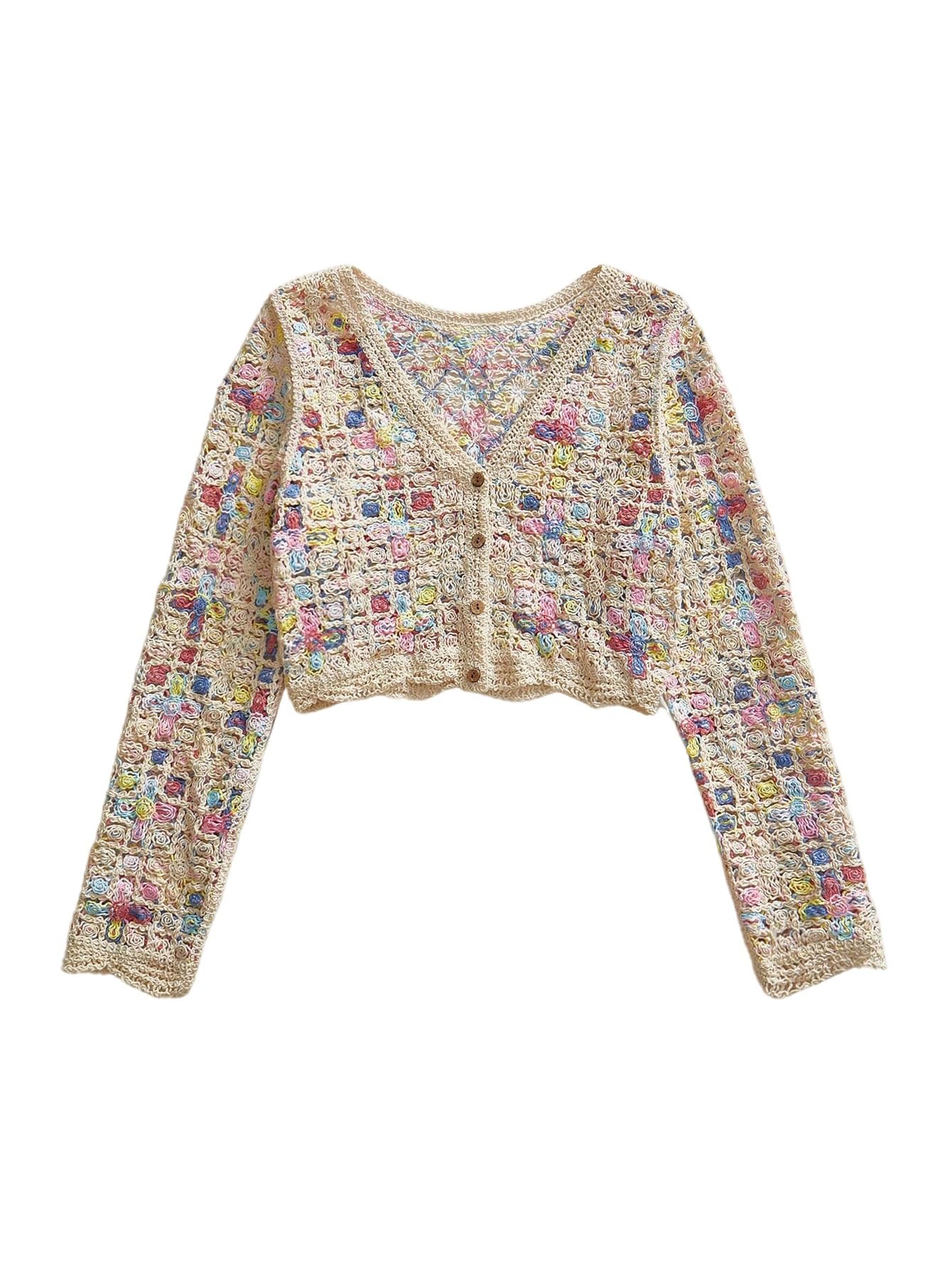 SHENHE Womens Crochet Cardigan Button Up Colorful Lightweight Boho Crop Cardigan
