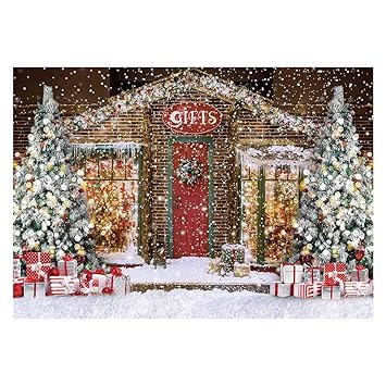 Funnytree Winter Christmas Photography Backdrop Merry Xmas Storefront Cottage Background Gifts Shop Snow Baby Shower Kids Birthday Portrait Party Decor Banner Photo Booth Studio Props 7x5ft