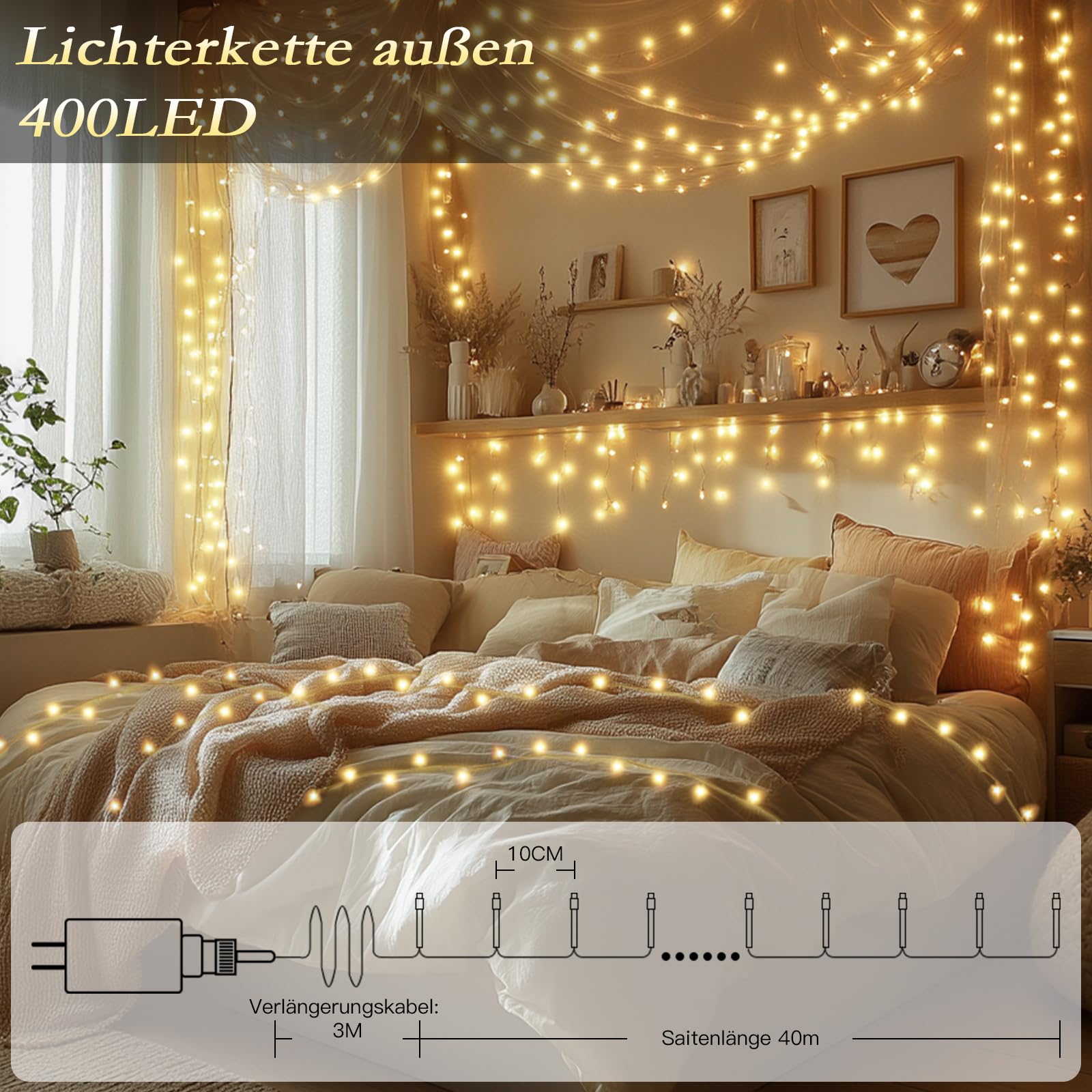 LED Lichternetz Außen + LED Lichterkette Auße, 200 LEDs Lichternetz 3x2m Warmweiß 400 LEDs Lichterkette 40M Warmweiß mit Fernbedienung, Timer 8 Modi, Wasserdicht für Garten Terrasse Weihnachten Party