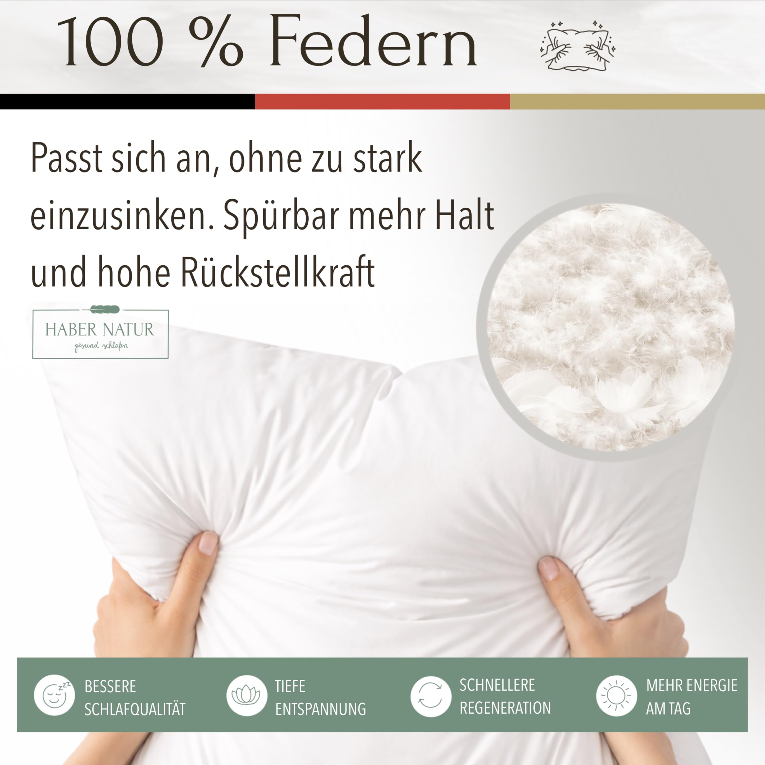 HABER NATUR Federkissen 80x80 - Made in Germany - Kopfkissen 100% Federn | Kopfkissen 80x80 mit 1500g Füllgewicht | Allergiker geeignet (NOMITE) | Tierwohl Zertifiziert (DOWNPASS) | Oeko-TEX Klasse 1