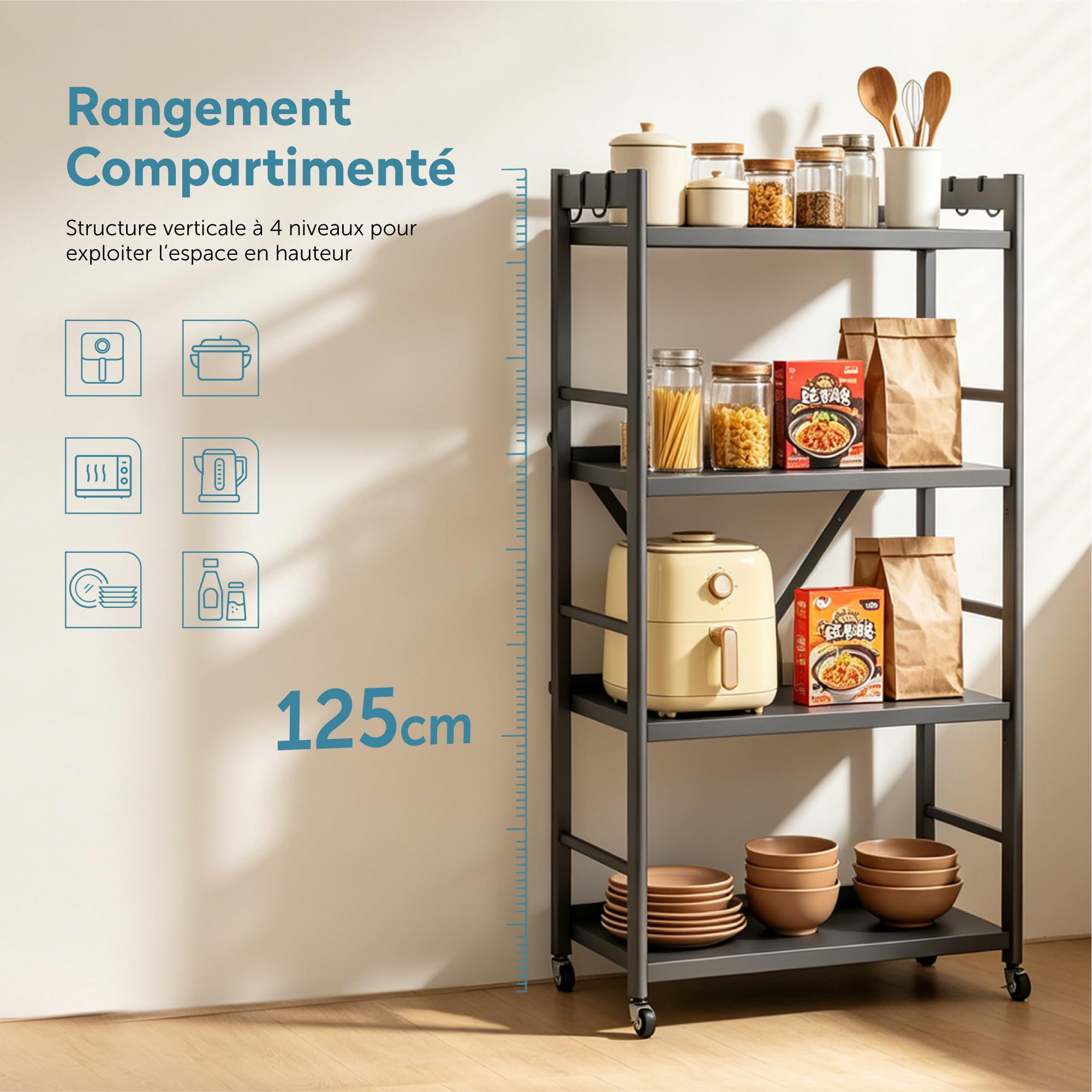 doporro Étagère de Rangement Cuisine 4 Niveaux avec 4 Crochets Desserte