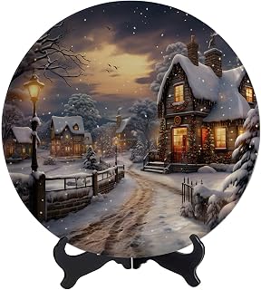 Winter Country Christmas Decorative Plate Vintage Painting Round Custom for Home Decor Porcelain Plates with Display Stand - 8 Inches