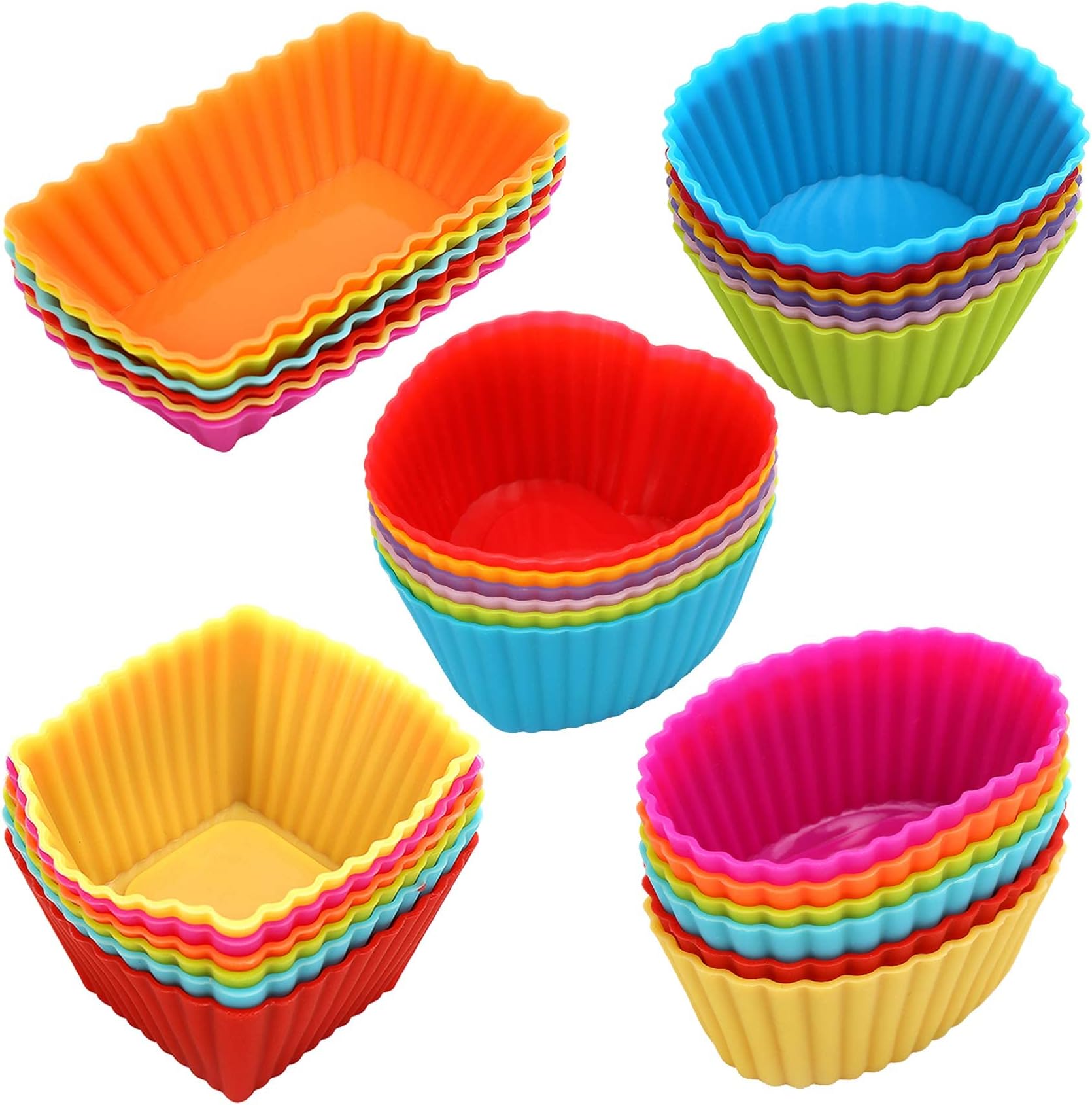 Silicone Cupcake Liners 30 Pack, Reusable Bento Box Inserts Small muffin cups, 5 Shapes 6 Color Baking Cups for Cakes, Jelly,Chocolate Shell-lined Dessert and Lunch-boxes Snacks Separator