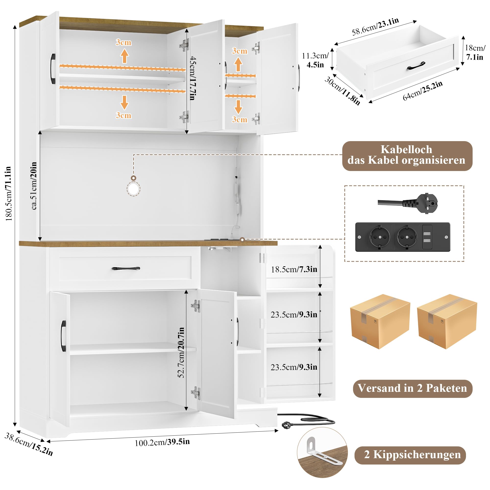 FirFurd 180cm Küchenschrank mit LED & Gewürzregal Buffetschrank Sideboard für Küche mit Steckdosenleiste Küchenschrank mit Arbeitsplatte Küchenbuffet Küchenmöbel 180x100x38cm weiß