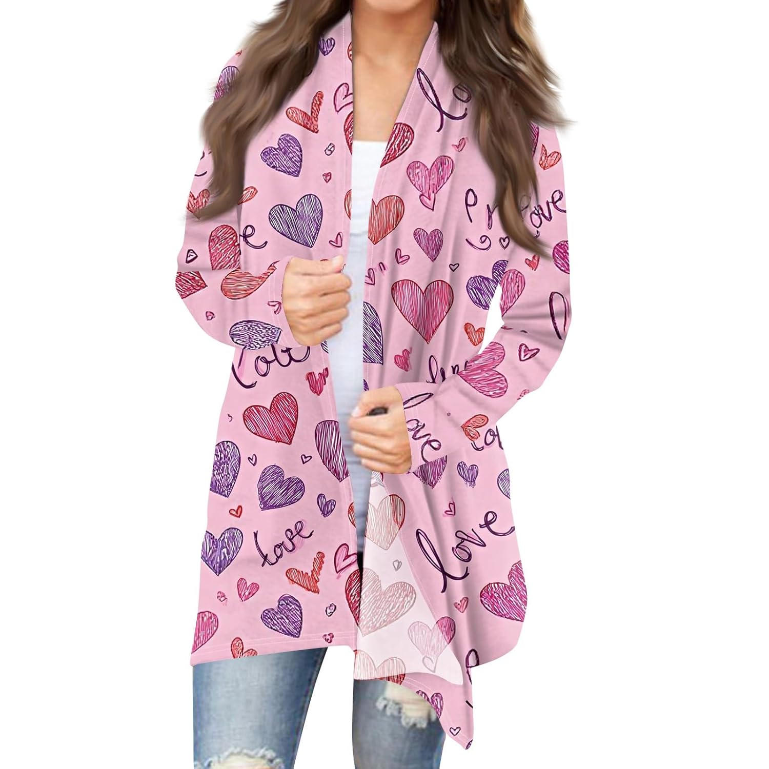 Valentine Cardigan for Women Heart Tops Cute Love Print Cardigan 2026 Spring Lightweight Open Front Long Sleeve Tops