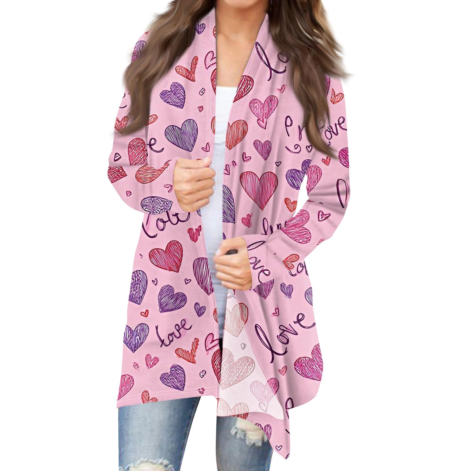 Valentine Cardigan for Women Heart Tops Cute Love Print Cardigan 2026 Spring Lightweight Open Front Long Sleeve Tops