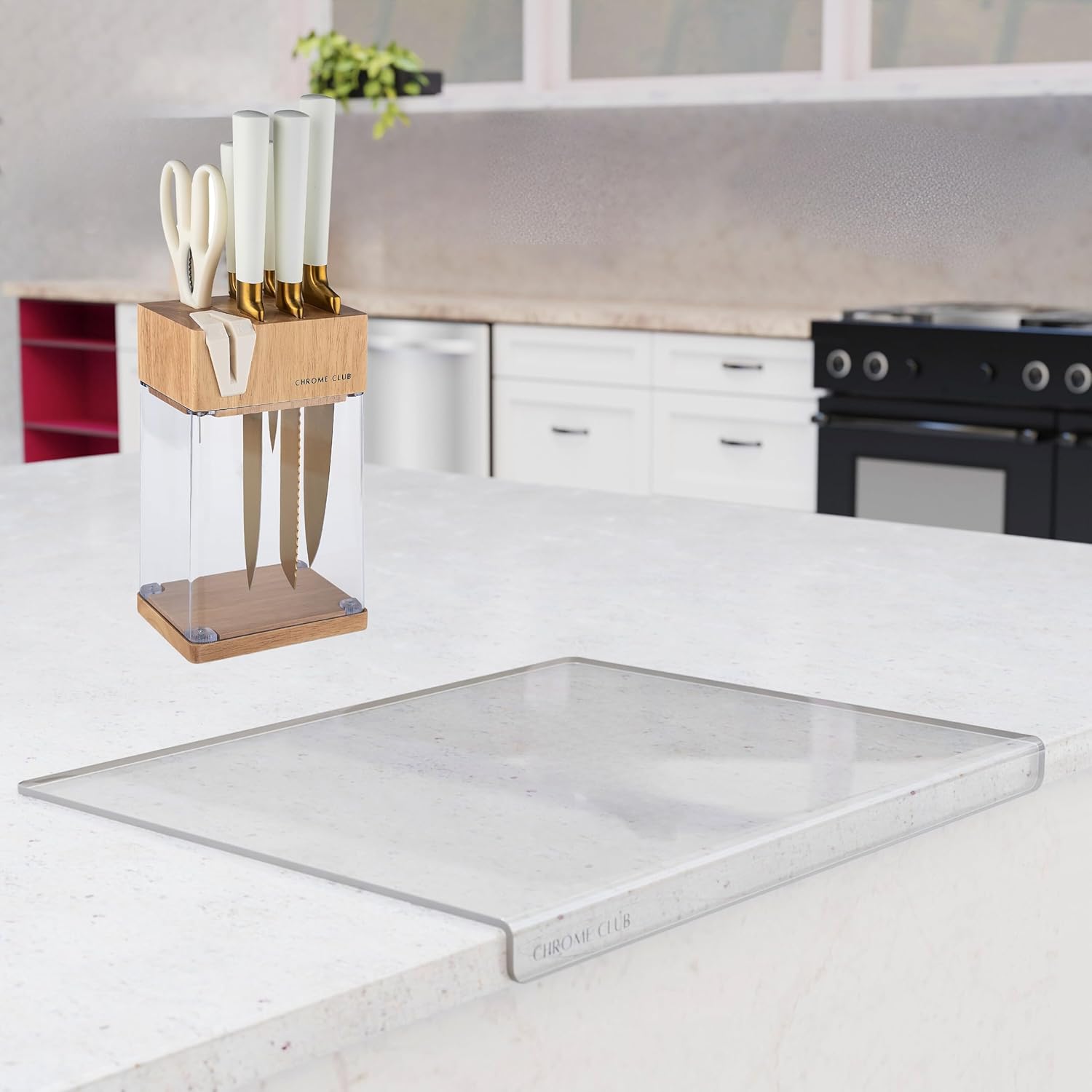 CHROME CLUB White and Gold Knife Block Set + Clear Acrylic
