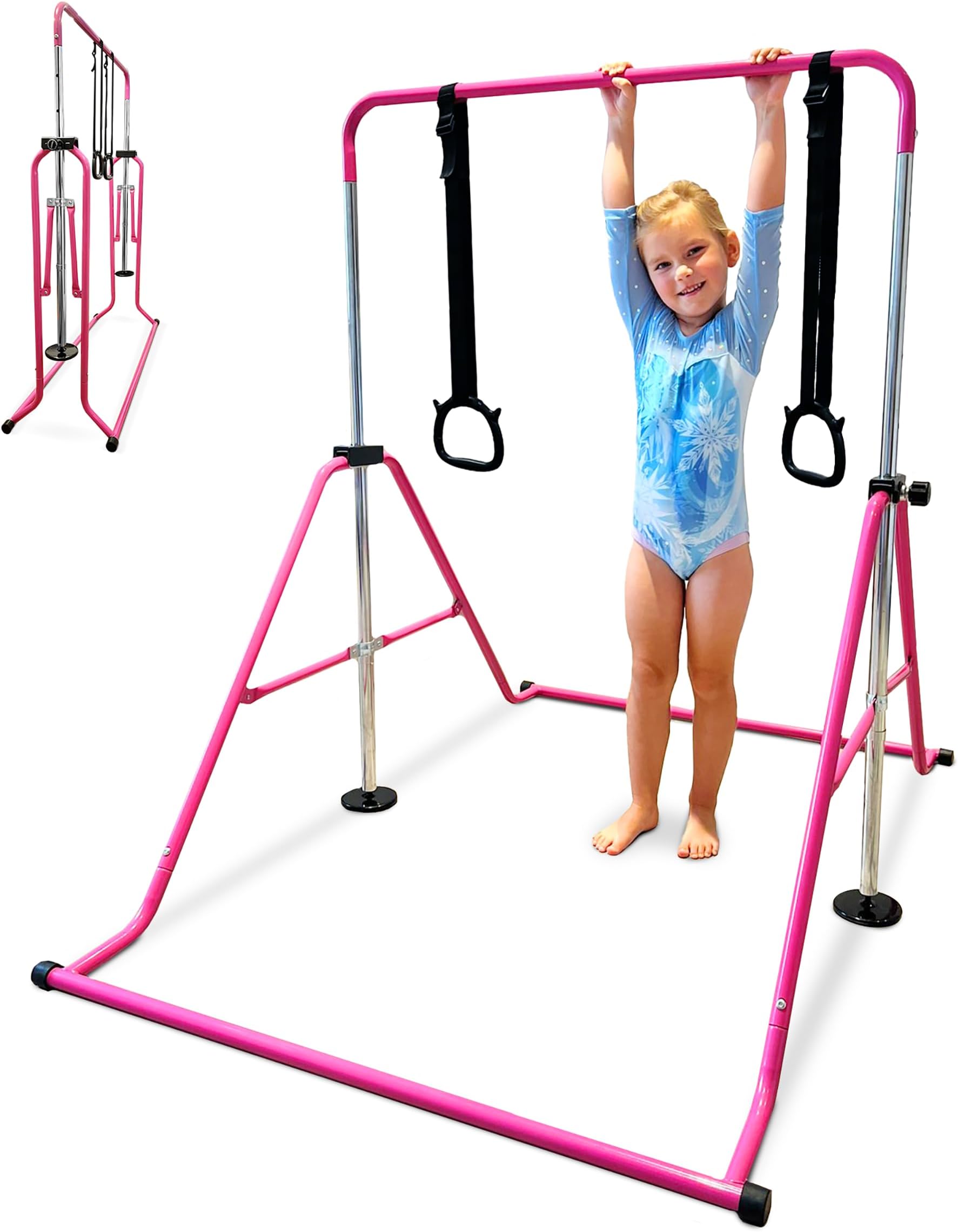Kids Gymnastics Bar Set - Adjustable Height Folding Horizontal Bar with Gymnastic Rings for Boys Girls | Junior Gymnastics Equipment Monkey Bars for Home Gym Training Indoor Outdoor