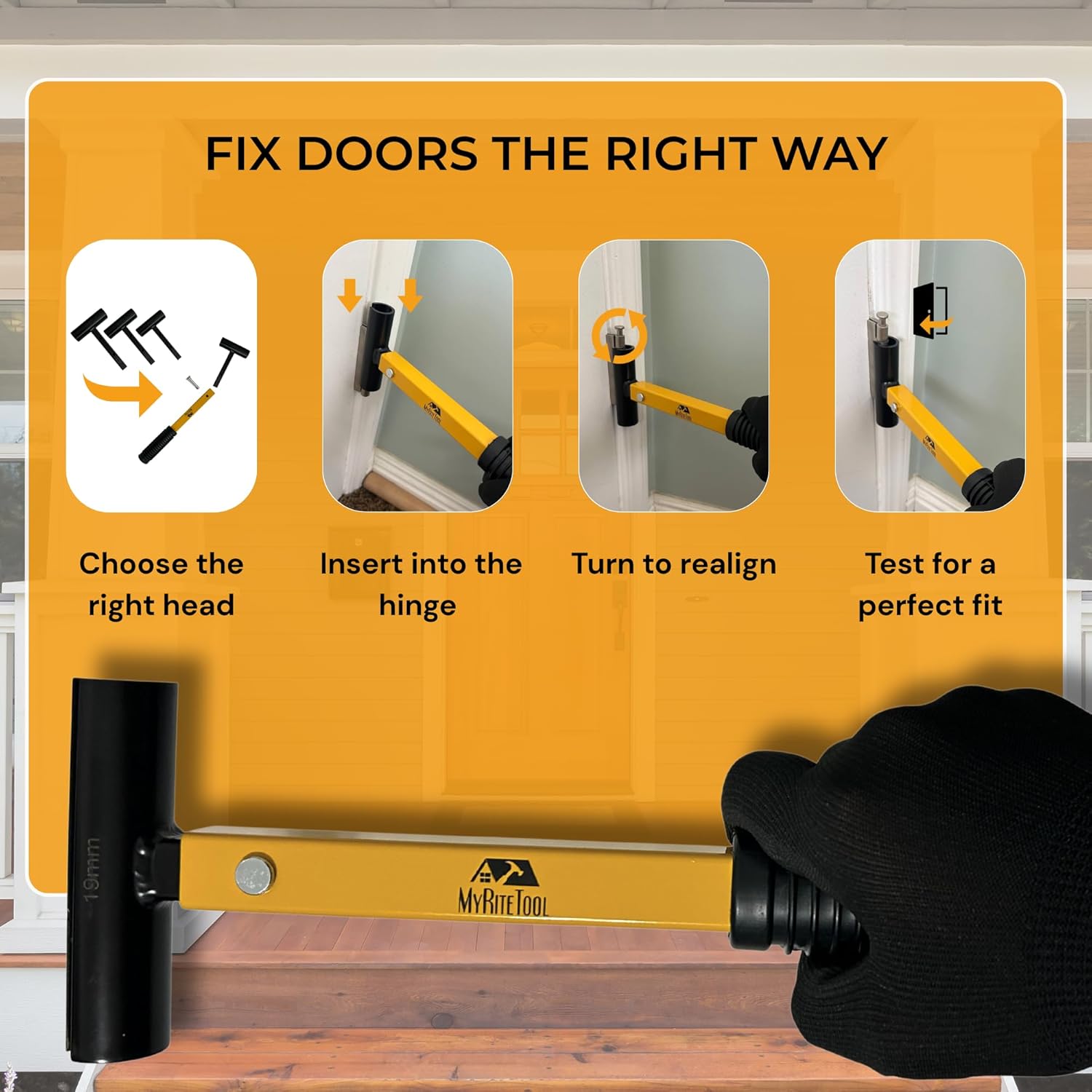Door Hinge Adjustment Tool Kit. 4-in-1 Precision Hinge Gap Wrench for Door Alignment, Sagging Door Repair & Installation, Reinforced Steel, Adjustable Handle Length, Gloves + Storage Case