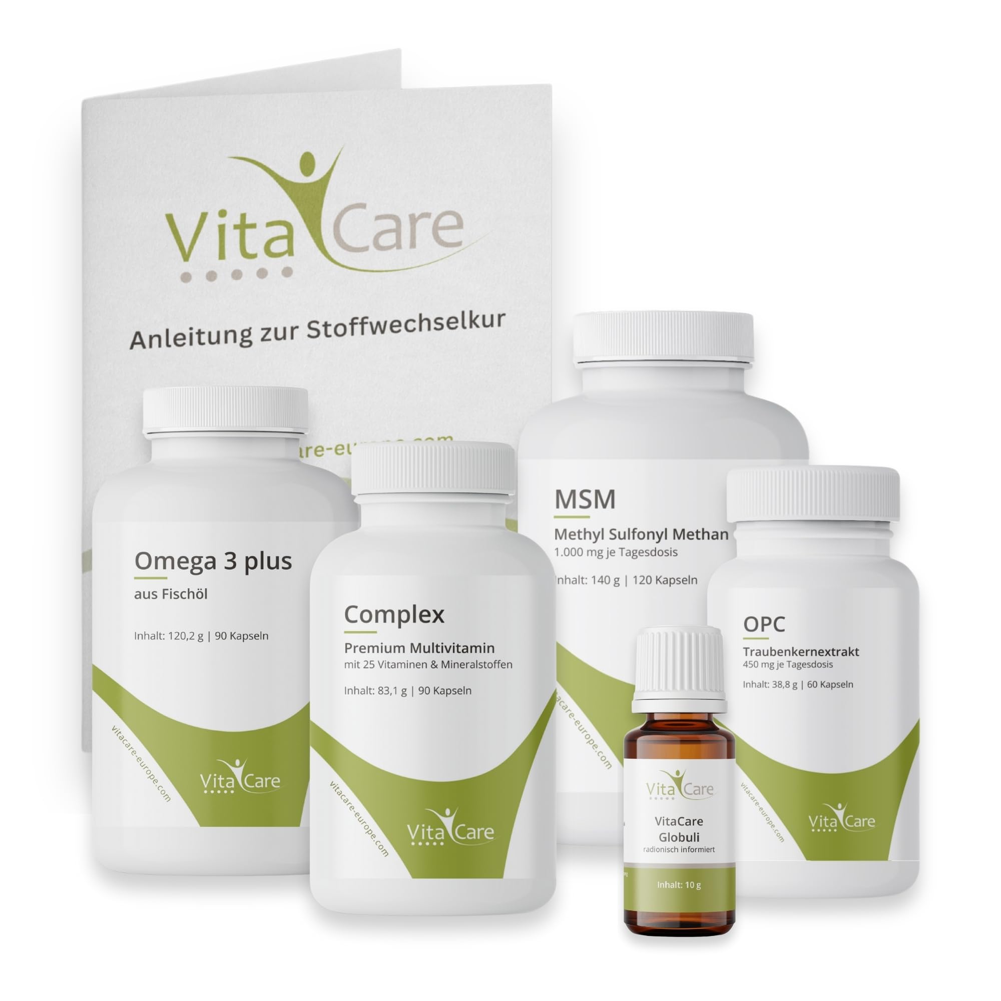 VitaCare 21-Tage Stoffwechsel-Kur Paket, 6-teiliges Komplettset, enthält MSM, Multivitamin Complex, Omega 3 plus, OPC Traubenkern & Globuli