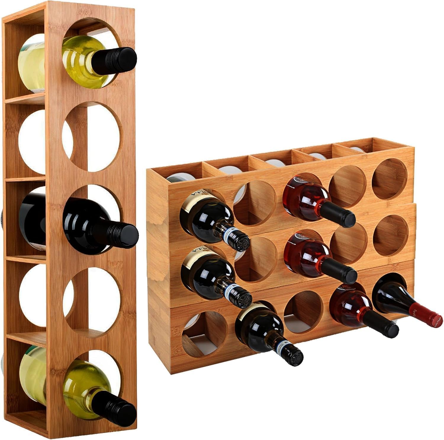 LOLAhome - Botellero de bambú natural apilable para 5 botellas de vino de 53x13x13 cm con agujeros de 8,5 cm adaptado para colgar — view 9