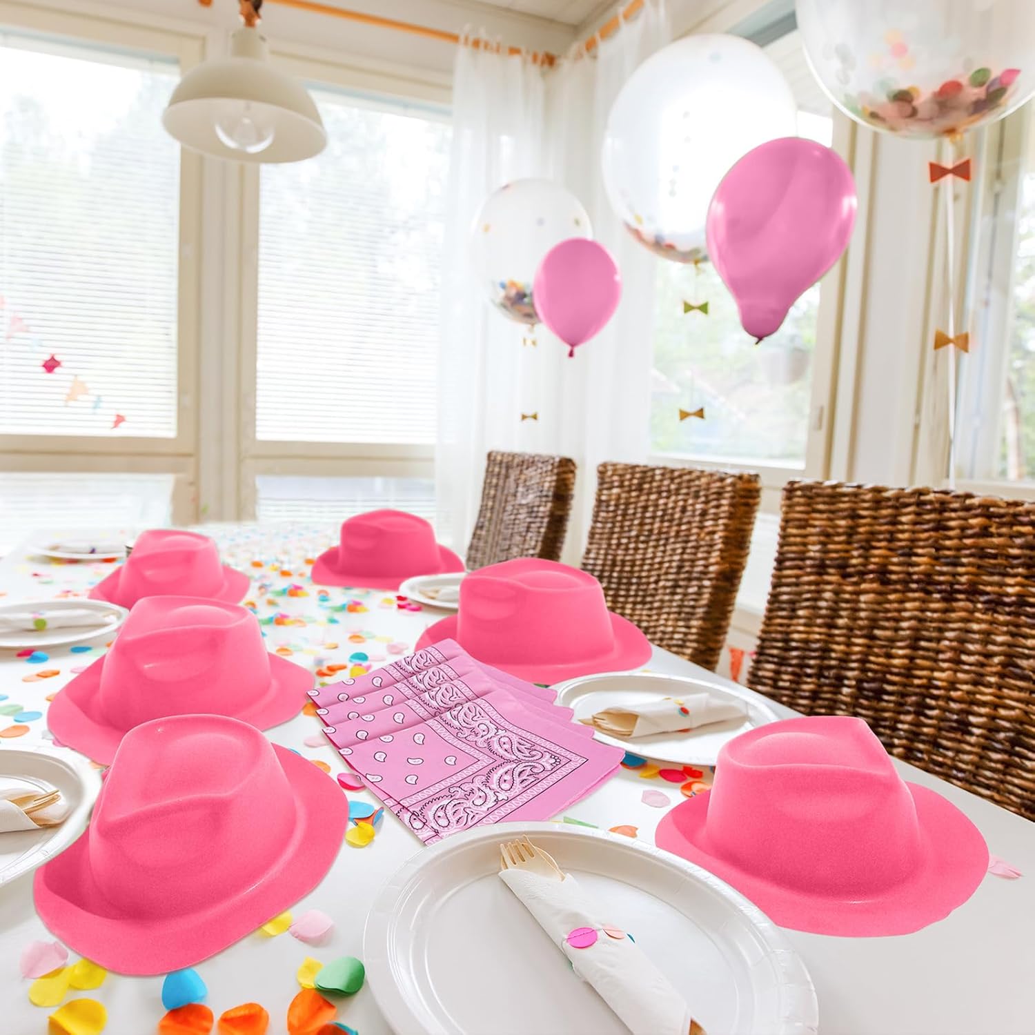 Hillban 72 Pcs Western Cowboy Hat and Paisley Bandana Set for Kids Felt Cowboy Party Hats for Costume Party Favors(Pink) - Image 7