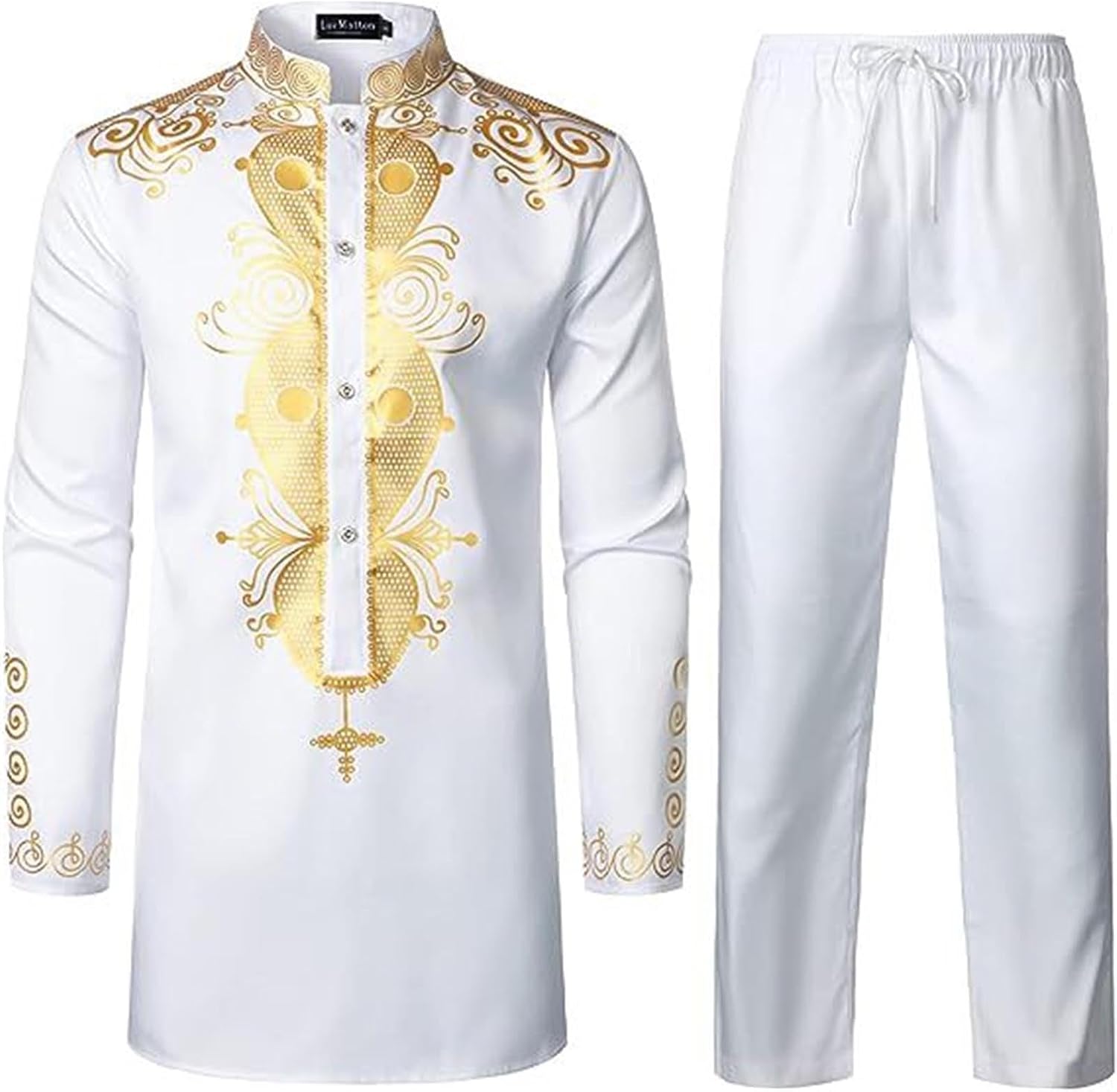 Men'S African Attire 2 Piece Set Button Up Long Sleeve Gold Foil Men'S 2 Piece Outfits Print Traditional Dashiki Tracksuit