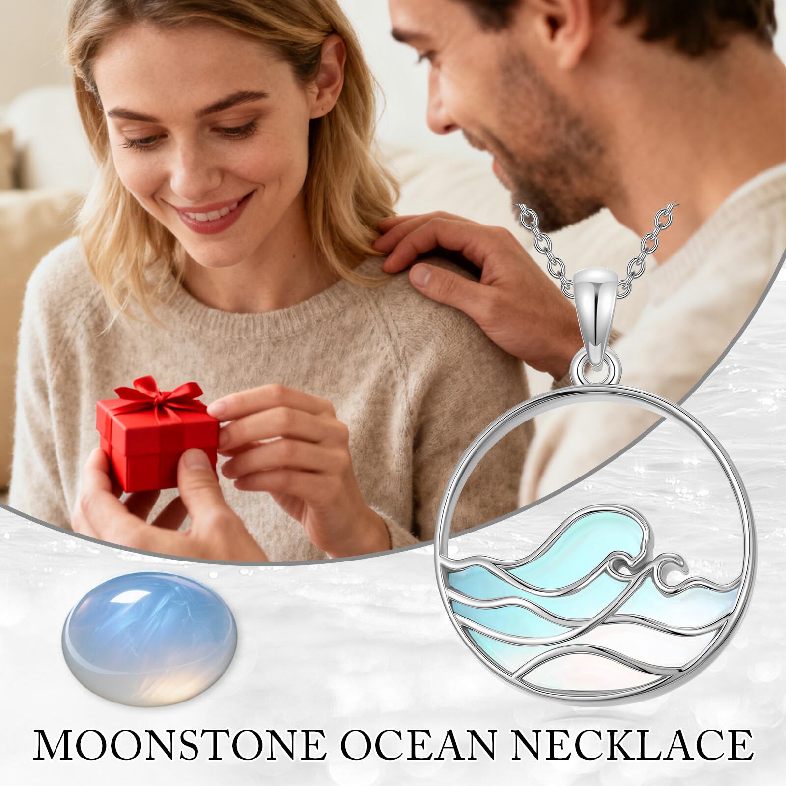Mondstein Wellen Halskette Damen 925er Sterlingsilber Strand Anhänger Schmuck Geschenk für Meer- und Surf-Fans