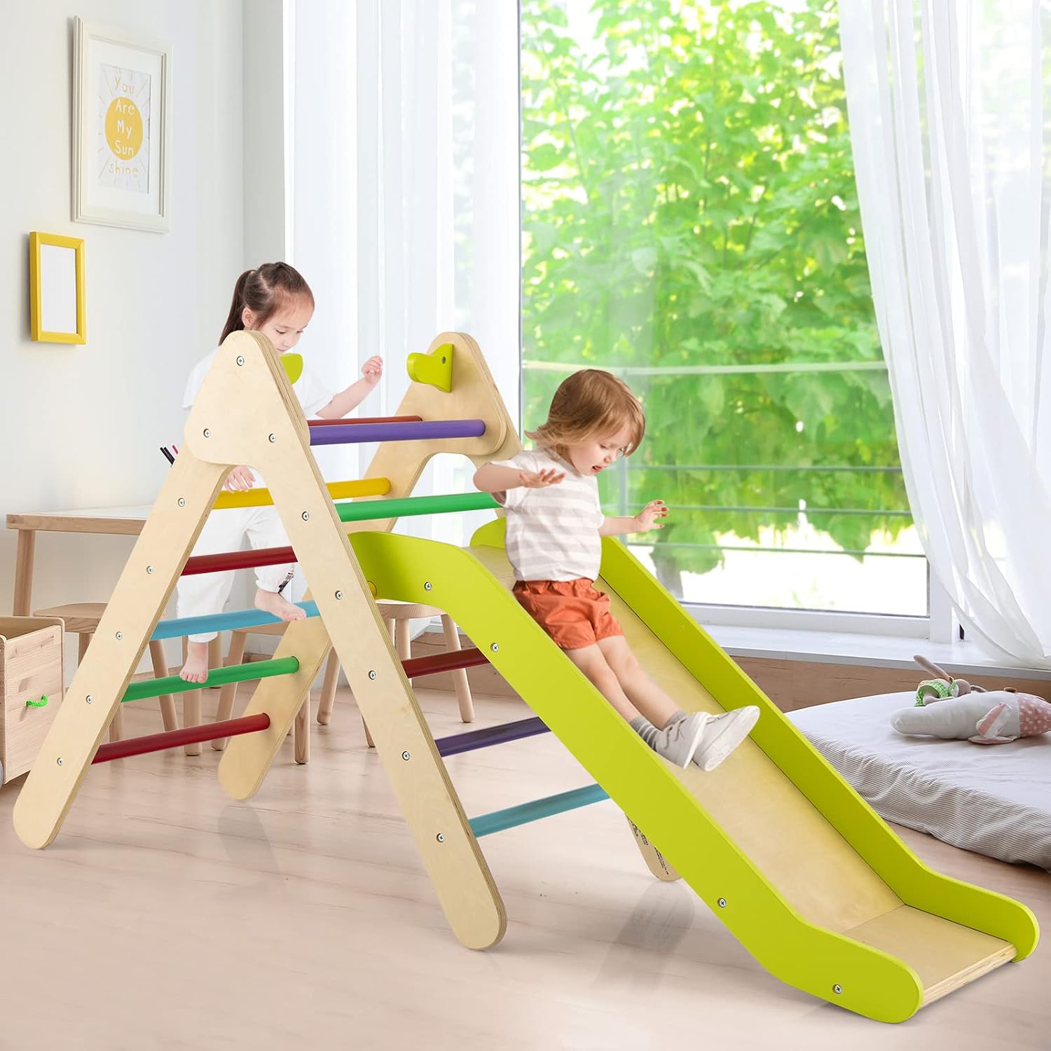 HONEY JOY Triangle Climber with Ramp, Kids Climbing Triangle Ladder for Daycare, Gym & Playground, Wooden Montessori Climbing Toys for Toddlers, Gift for Boys Girls