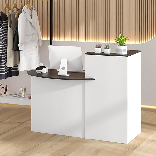Vista 47 de Tangkula Escritorio de recepción, mostrador frontal con cajón con cerradura y estante ajustable, escritorio ovalado, mostrador minorista para pagar