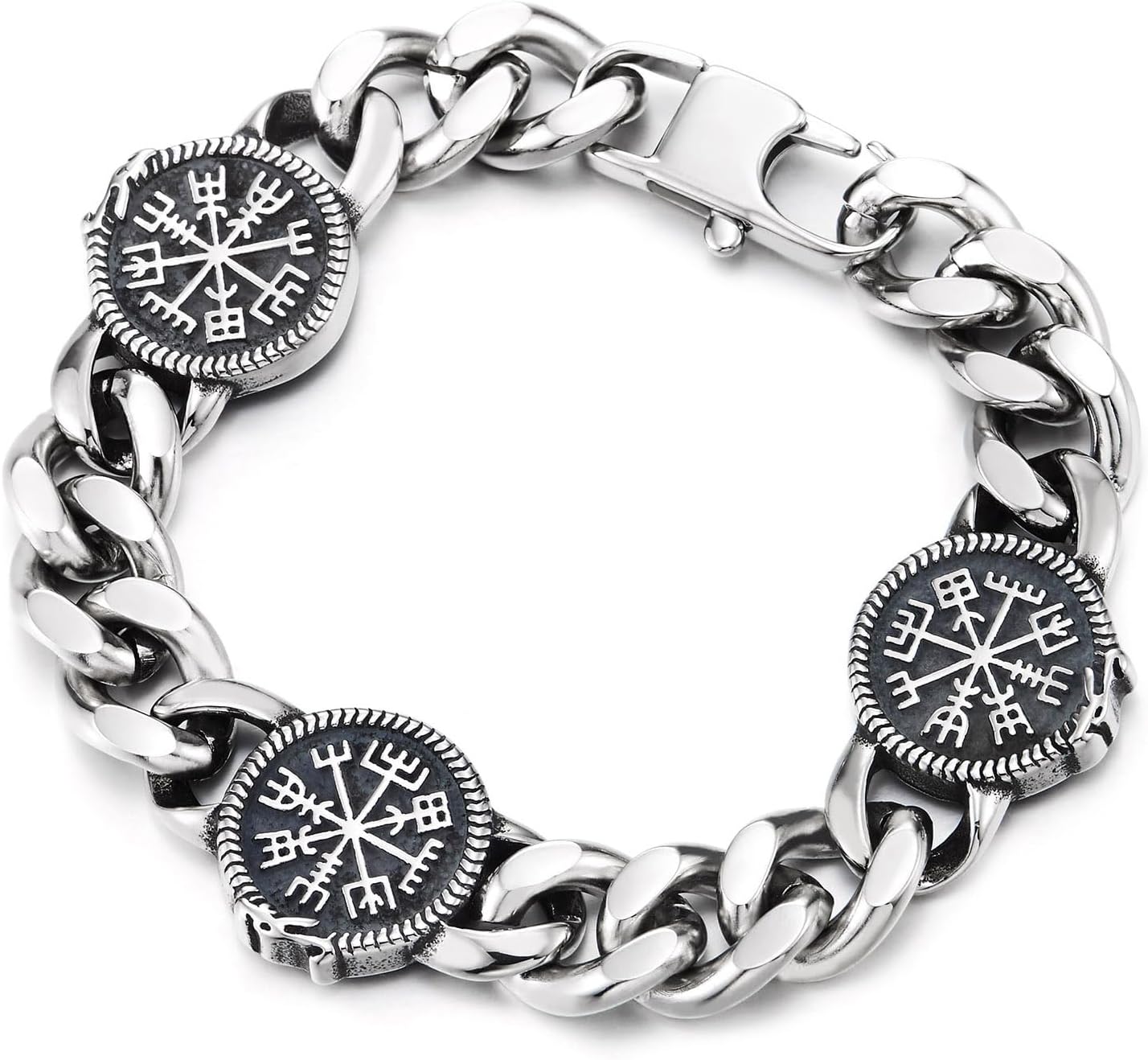 COOLSTEELANDBEYOND Men's Stainless Steel Viking Futhark Rune Bracelet with Bold Cuban Link Curb Chain, Norse Fashion