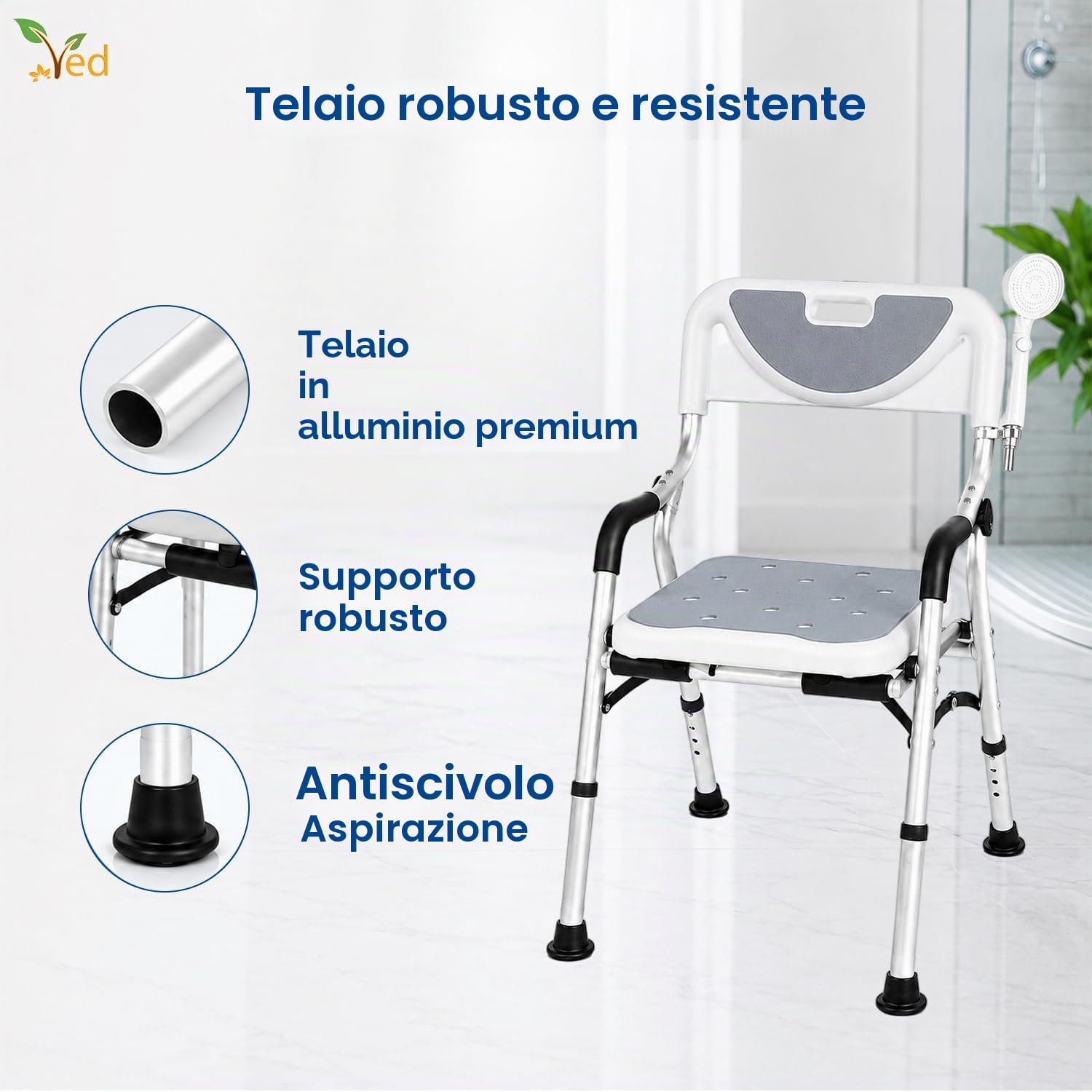 Sedia da doccia VED Stool, sedia da doccia pieghevole per vasca da bagno, sedile da bagno portatile con gambe in alluminio resistenti, regolabile con schienale per bagno.