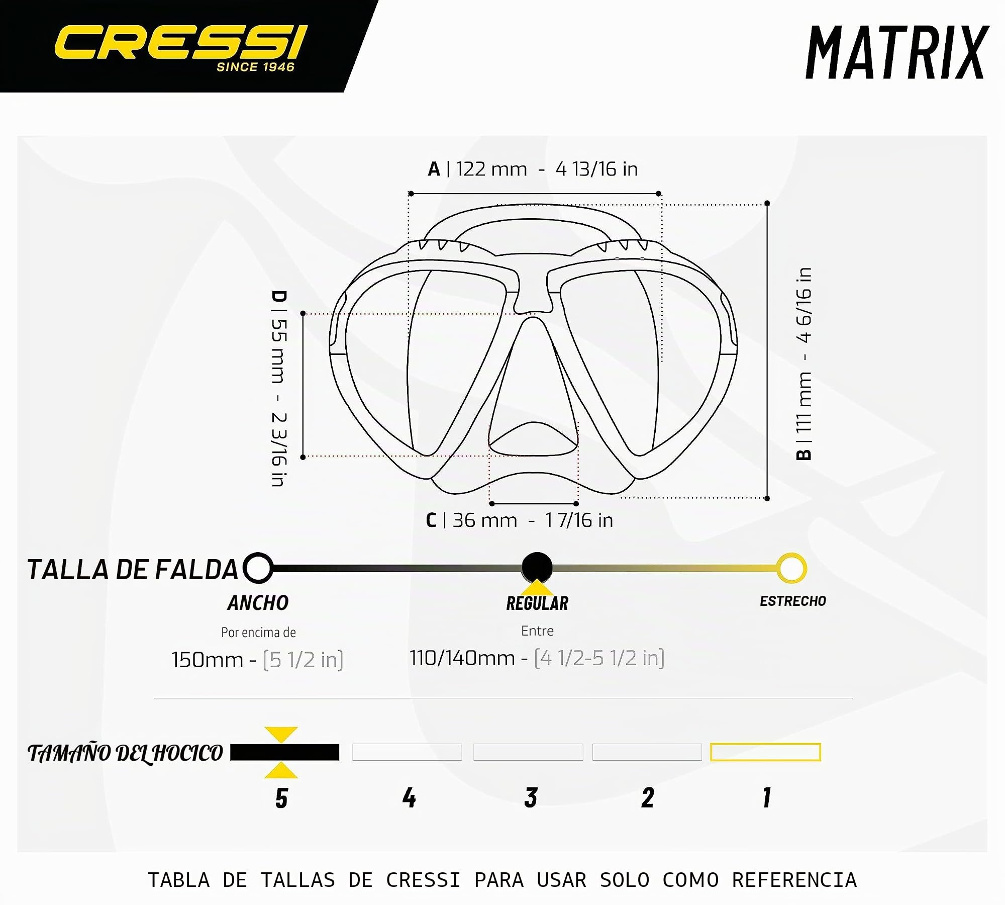 CRESSI Matrix Máscara Buceo Doble Lente Bajo Volumen con Amplio Campo de Visión Silicona Cómoda para Apnea Snorkel Submarinismo Profesional Adulto Unisex