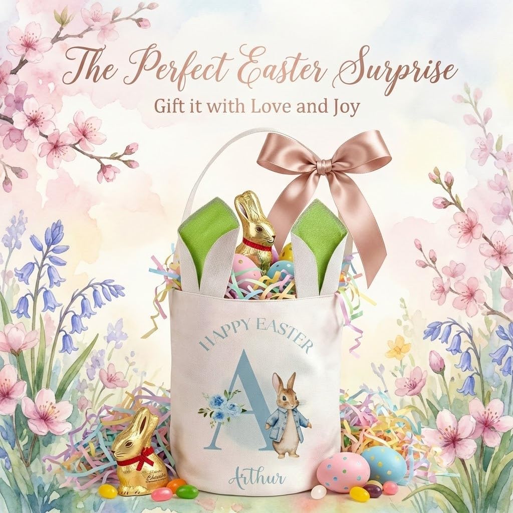 Personalized Easter Basket with Name, Custom Embroidered Initial Storage Bucket, Large Floral Bunny Egg Hunt Tote Reusable Bag, Easter Decor for Home, Spring Gift, Easter Party Gift for Boys & Girls - Image 8