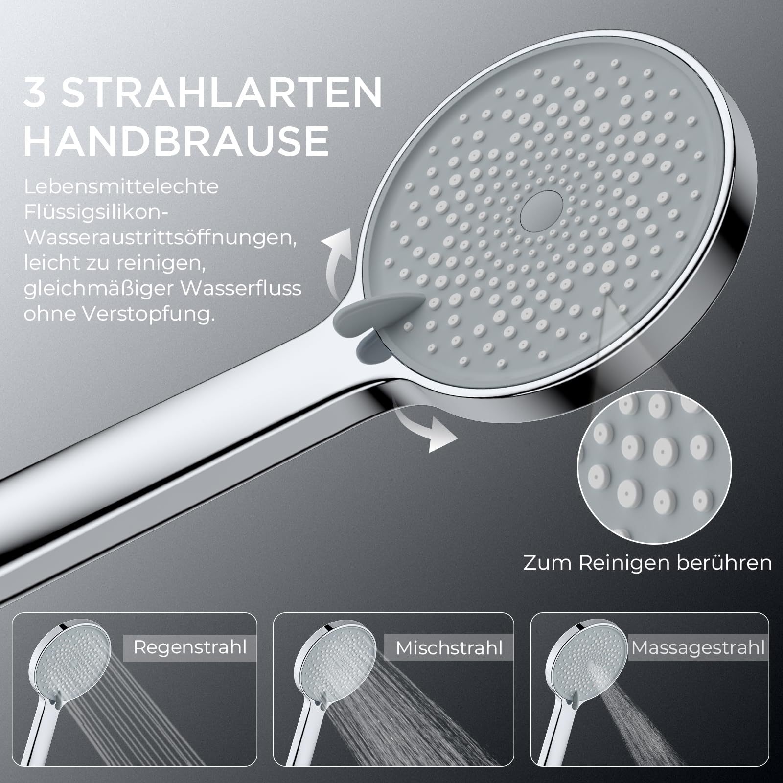 FORIOUS® Duschsystem mit Thermostat,Duscharmatur Komplettset PolierterChrom | Edelstahl Duschsystem 25cm Rund-Overhead Regendusche，90-125cm Höhenverstellbare Duschstange, 3 Strahlarten ABS Handbrause