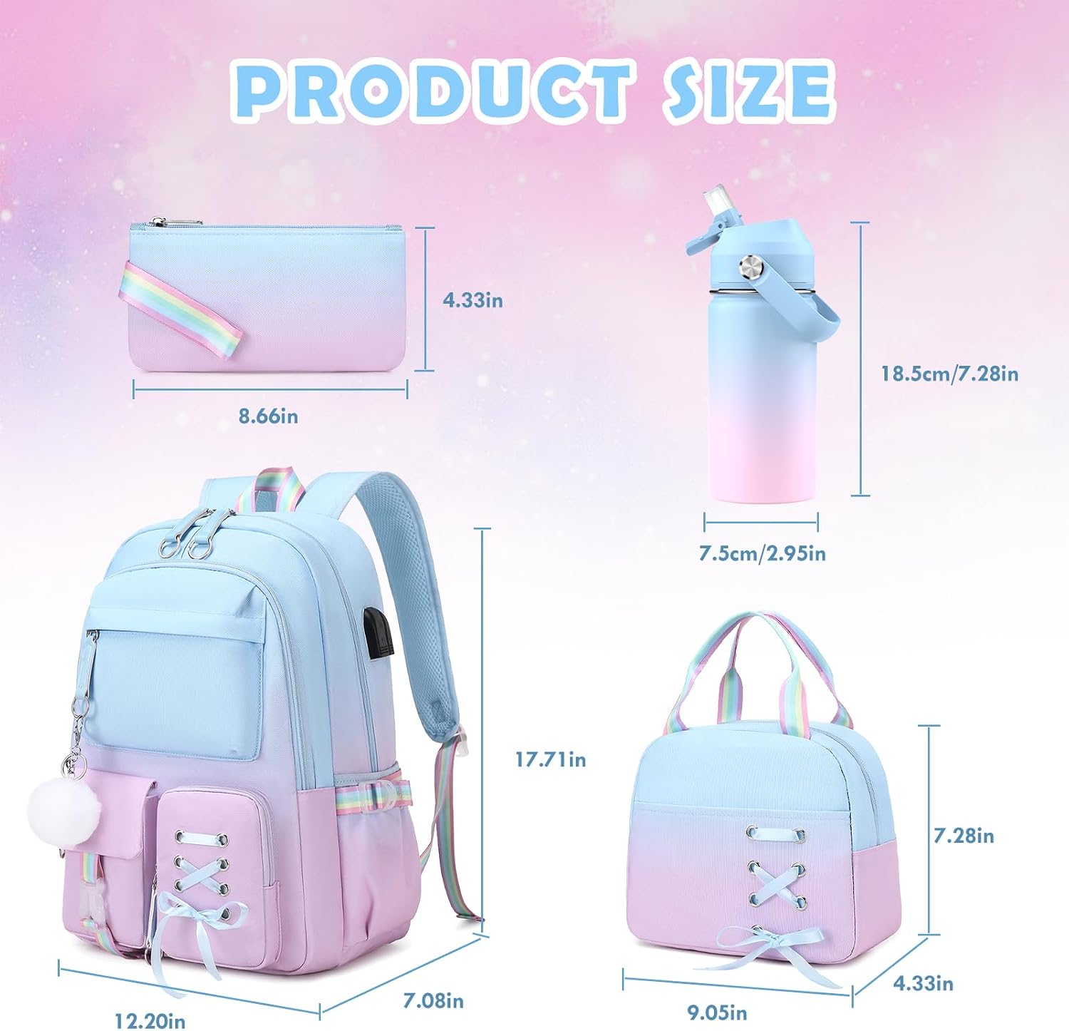ACESAK 4PCS Teen Girls Backpack with 14OZ Water Bottle Set,Blue Purple image 2