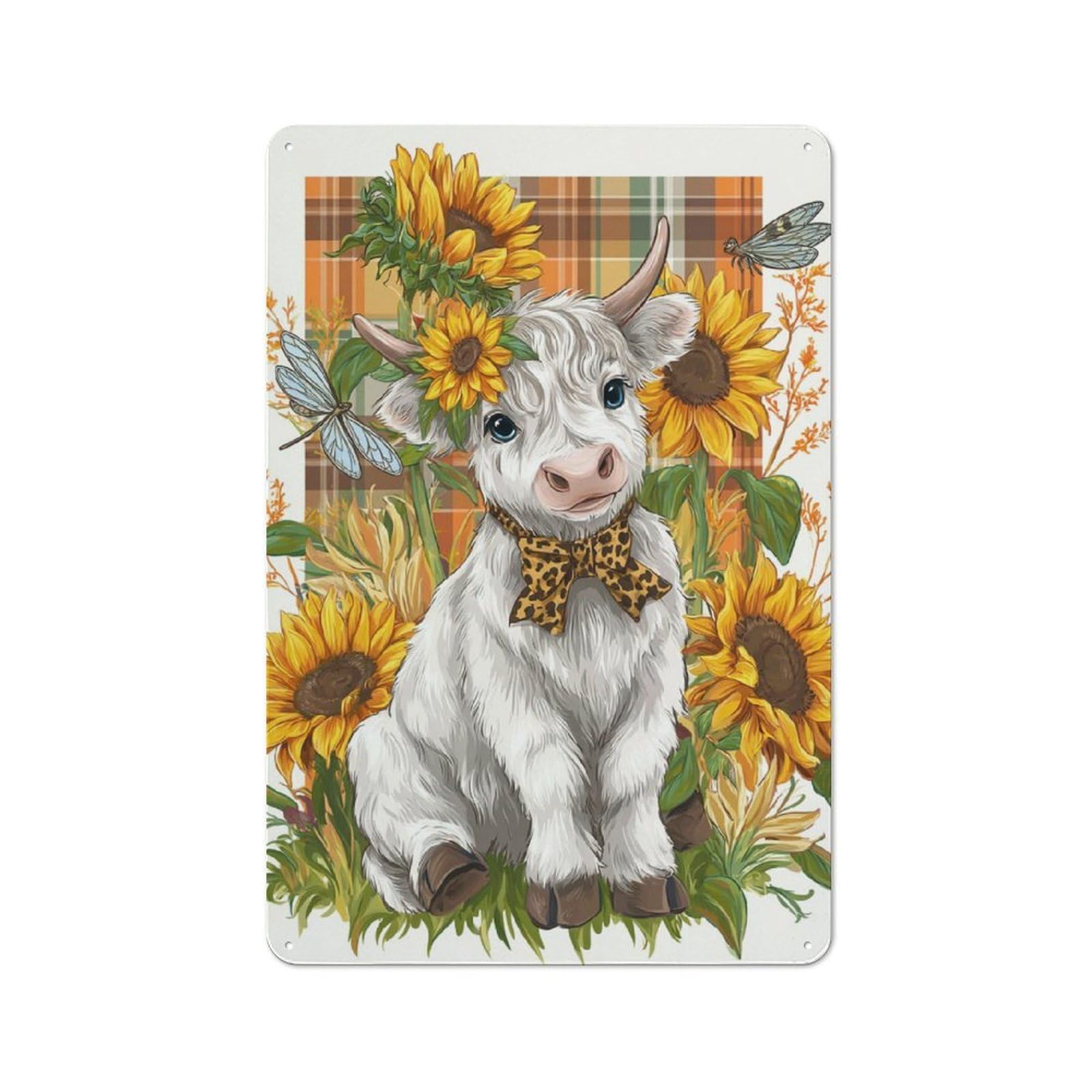 Junmoney Cute Calf With Sunflowers Metal Plaque 30X20cm With For Hallway Wall, Retro Decor, For Wall Display Collectors
