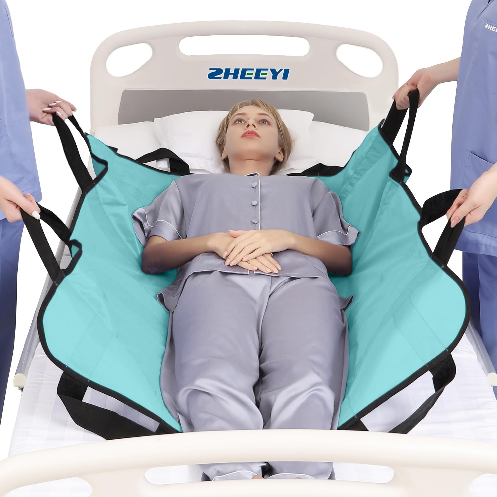 Positioning Bed Pad with Reinforced Handles 43" x 36" Patient Transfer Sheet Aid Assistant for Body Lifting, Turning, Repositioning, for Elderly, Incontinence, Caregiver, Aqua Blue