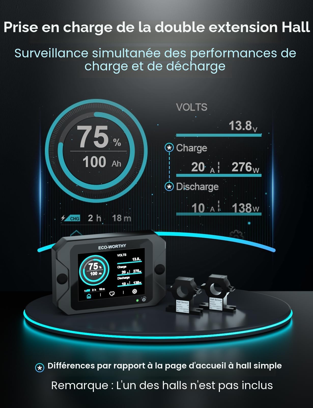 ECO-WORTHY Moniteur de batterie amélioré 300 A 12 V/24 V/36 V/48 V, moniteur de batterie à écran tactile 3,5 pouces avec alarme, testeur de batterie lithium/gel pour camping-cars, systèmes solaires