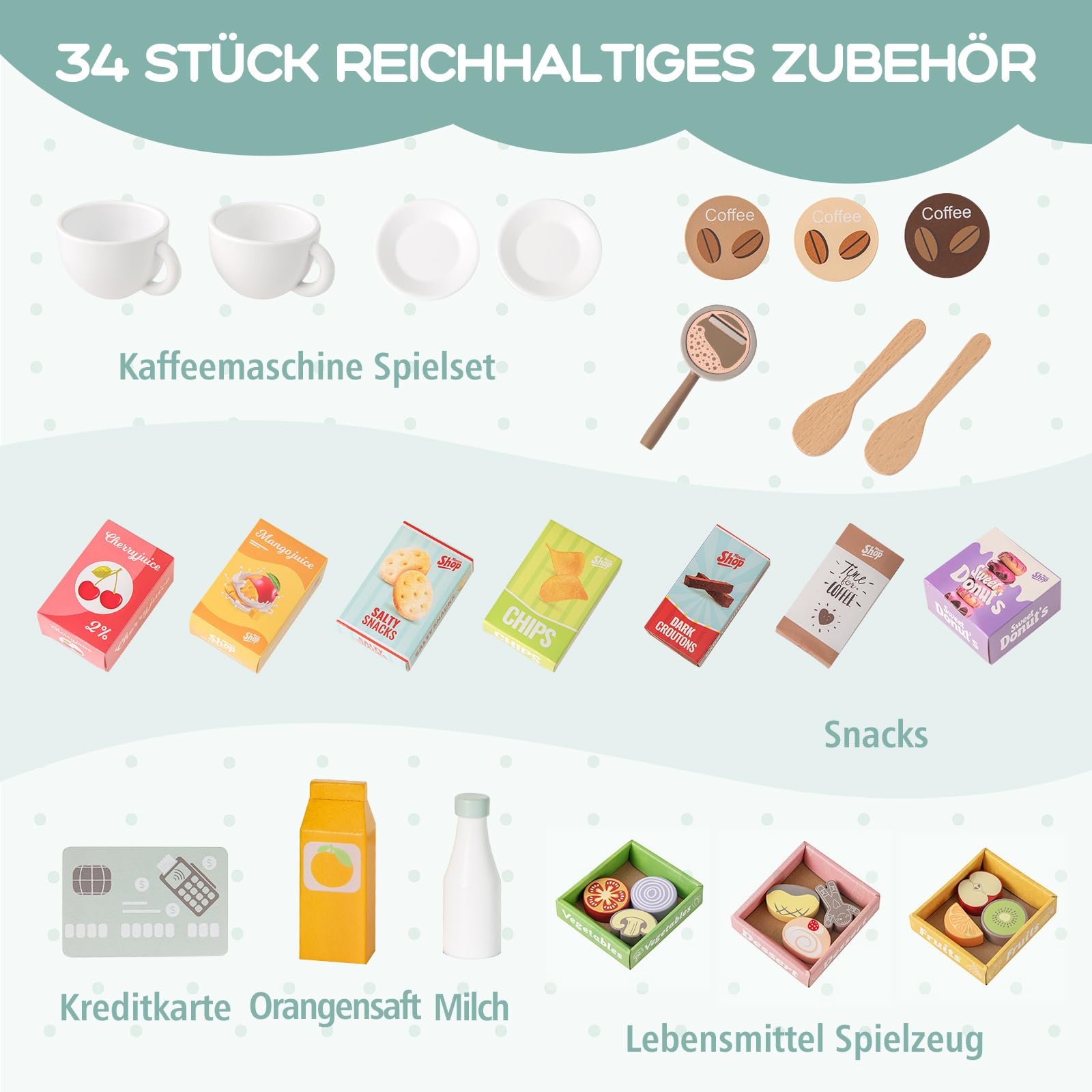 GOPLUS Kinder Kaufladen, Kaufmannsladen Holz mit Kasse, Kaffeemaschine, Ofen, Verkaufsautomat, Regalen inkl. Zubehör, Supermarkt Spielzeug Set, Einkaufsladen Kinder für Jungen & Mädchen ab 3 Jahren