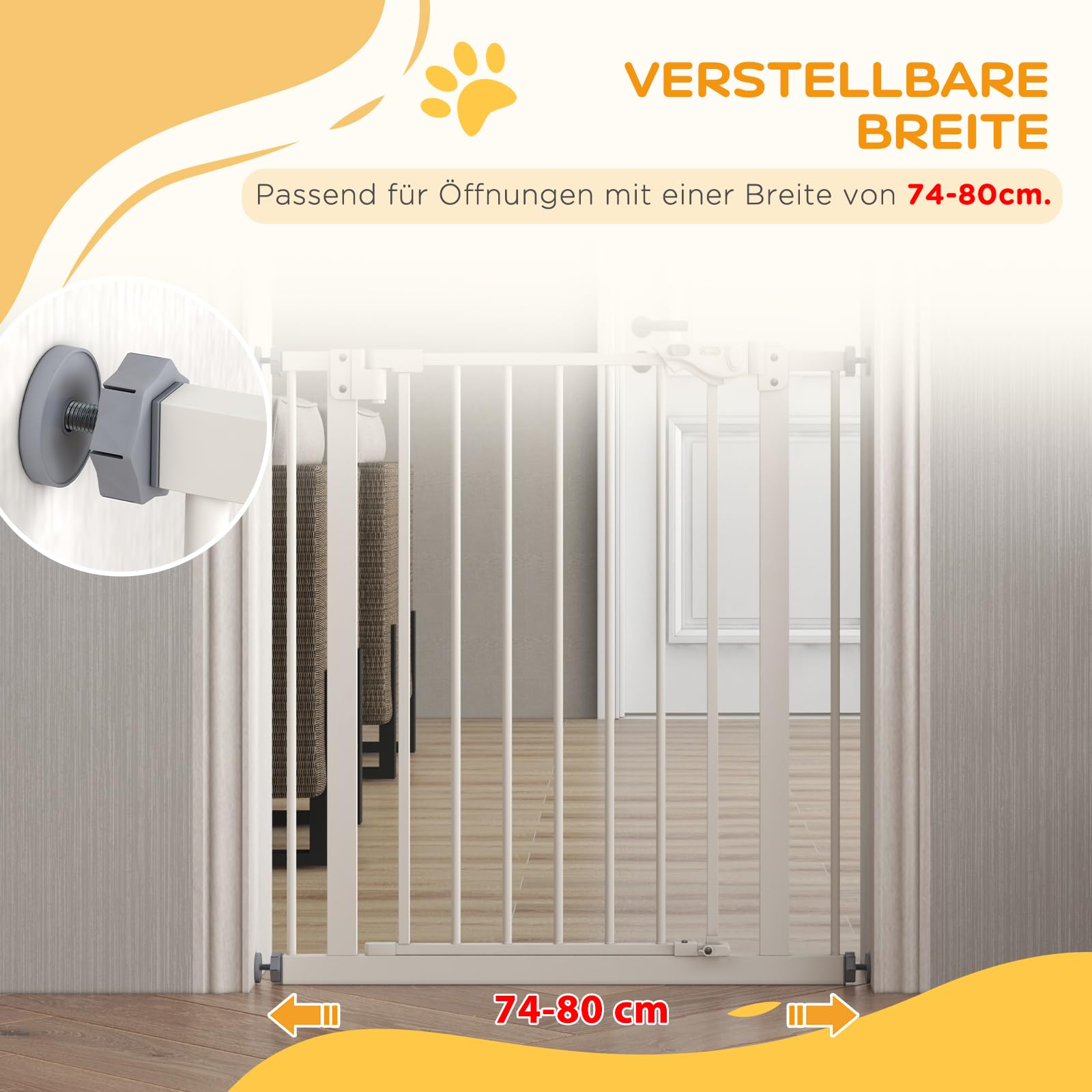 PawHut Puerta de Seguridad para Perros, Puerta de Barrera, 74-80 cm, Puerta de Seguridad de Escalera para Mascotas, Puerta para Perros, Puerta de Seguridad sin taladrar, Metal, plástico, Blanco | Reja de protección para escaleras, puerta y escalera, orien