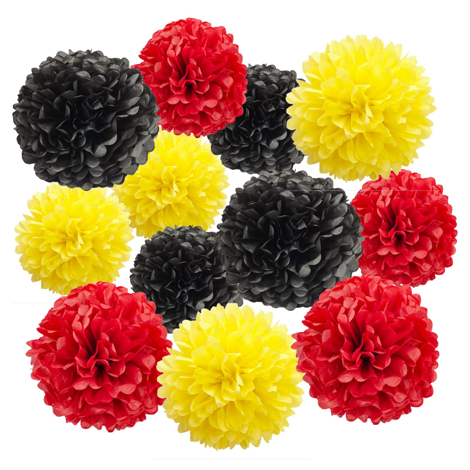 Ainmto 12 Stück Seidenpapier Pompons rot gelb und schwarz,Party Pompons Deko für Geburtstag, Hochzeit