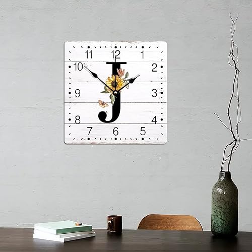Miniatura 6 de Reloj de pared de PVC, letra inicial J número, monograma, girasol, mariposa, nombre familiar, 12 pulgadas, cuadrado, silencioso, sin tictac, reloj