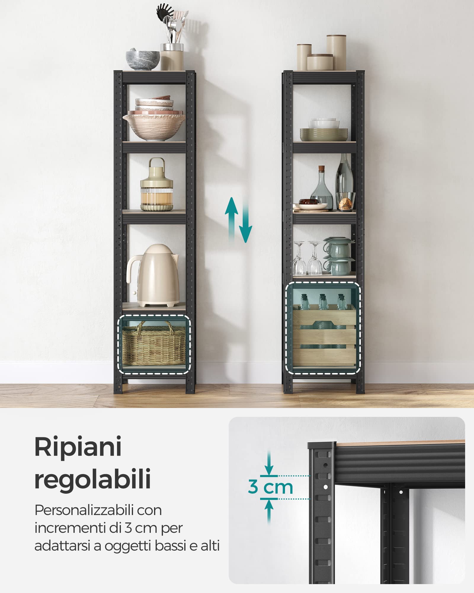 SONGMICS Scaffale a 5 Ripiani, Portaoggetti Organizzatore 37 x 37 x 150 cm, Portante 400 kg, Ripiani Regolabili, Stile Naturale, per Cucina e Soggiorno, Greige e Nero GLR037B11