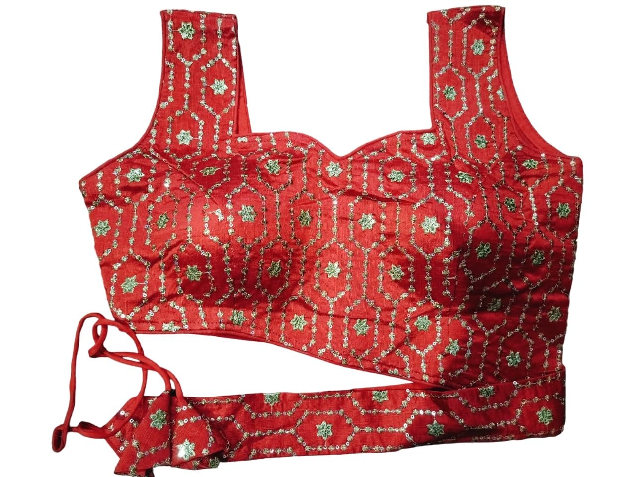 KULIA® Camicetta Sari pronta all'Uso Abbigliamento Tradizionale Camicetta Senza Maniche Abito da Festa Etnico Ricamo Camicetta Firmata Tussar Seta Colore Rosso Camicetta Sari da Donna Crop Top Choli