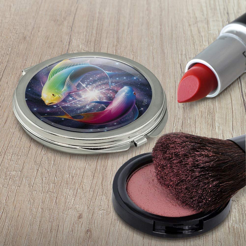 Pisces Zodiac Symbol Fish in Space Yin Yang Compact Travel Purse Handbag Makeup Mirror