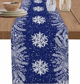 Blue Christmas Table Runner 36 Inches Long for Dining Table Decor, Cotton Linen Winter Snowflake Table Runner Washable Dresser Scarf for Kitchen Christmas Holiday Seasonal Leaves Pine Cones