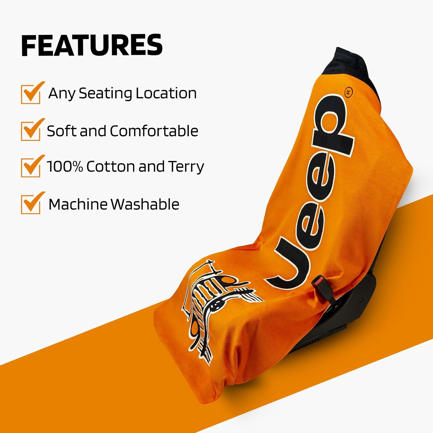 Towel 2 Go Orange Seat Cover with Jeep Wrangler Logo - Soft Machine Washable Car Seat Protector - Easy to Install, Multipurpose Towel