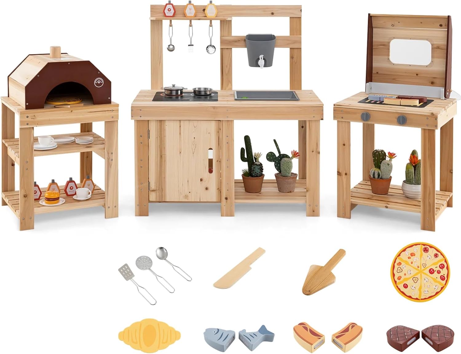 HONEY JOY Mud Kitchen, 3-Piece Modular Wooden Toddlers Play Kitchen/Pizza Counter Playset/Oven Barbecue Grill, Play Food and Accessories, Little Chef Pretend Mud Kitchen for Kids Outdoors, Natural