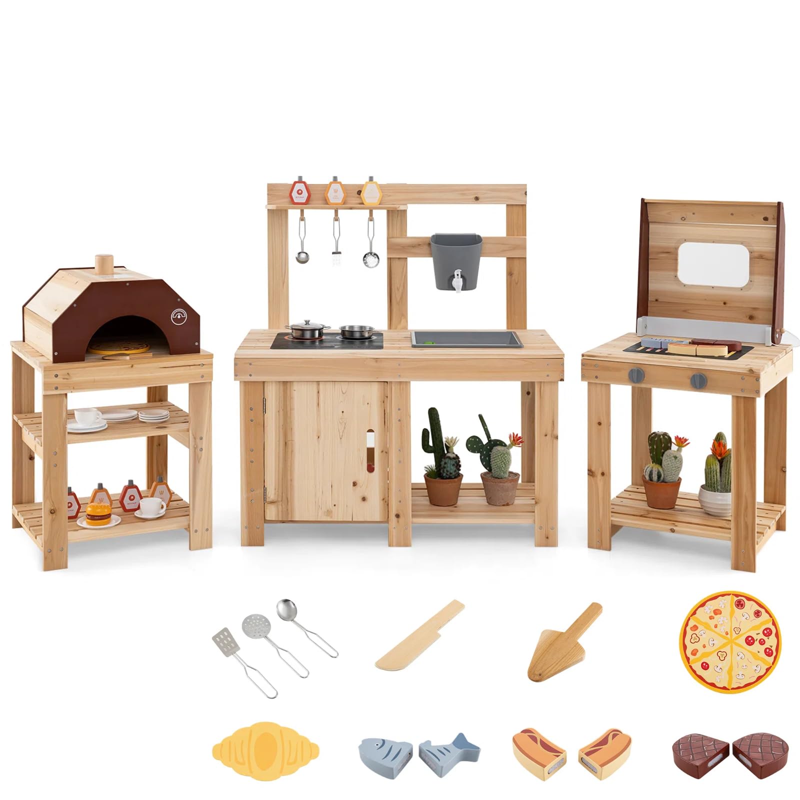 HONEY JOY Mud Kitchen, 3-Piece Modular Wooden Toddlers Play Kitchen/Pizza Counter Playset/Oven Barbecue Grill, Play Food and Accessories, Little Chef