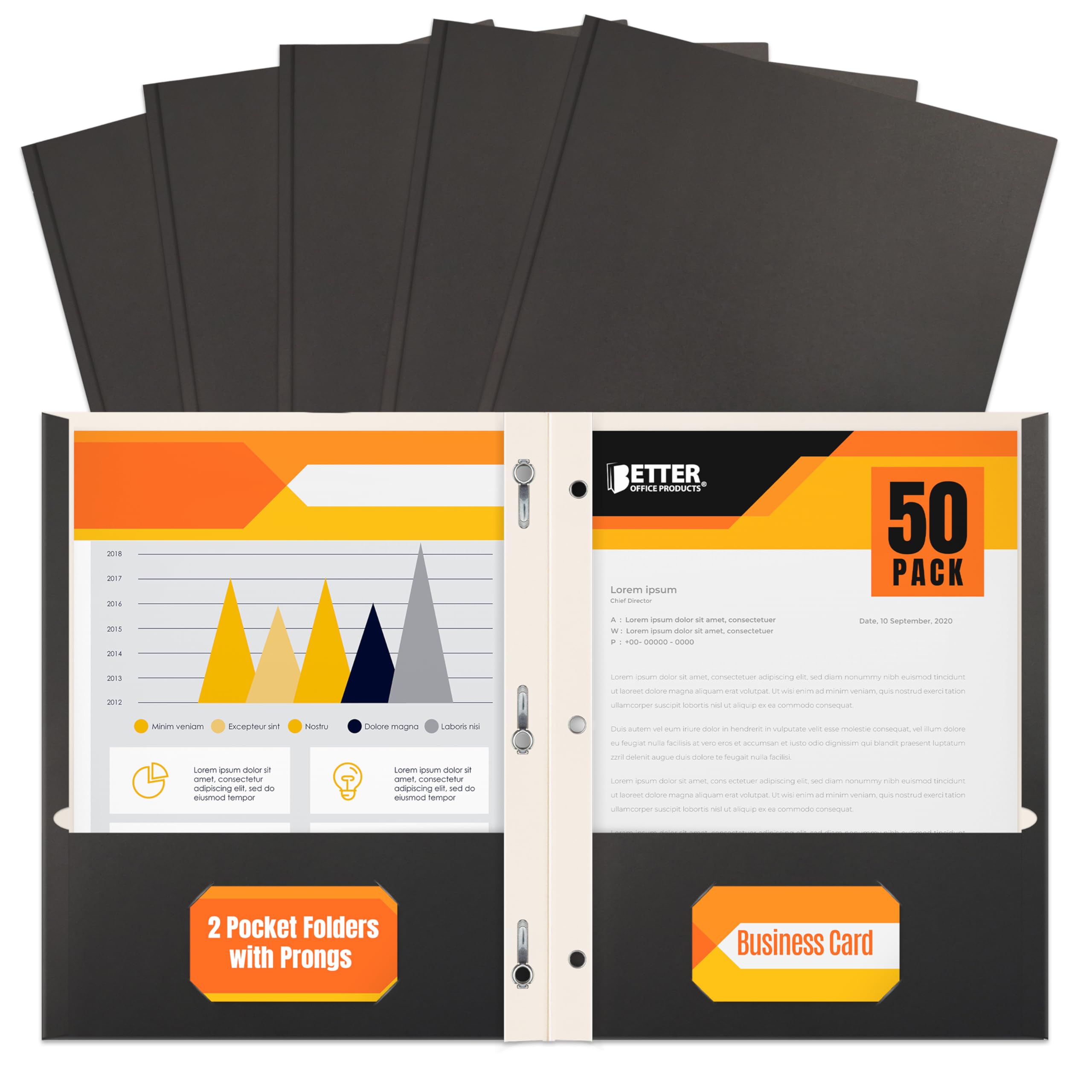 Better Office Products Black Paper 2 Pocket Folders with Prongs, 50 Pack, Matte Texture, Letter Size Paper Folders, 50 Pack, with 3 Metal Prong