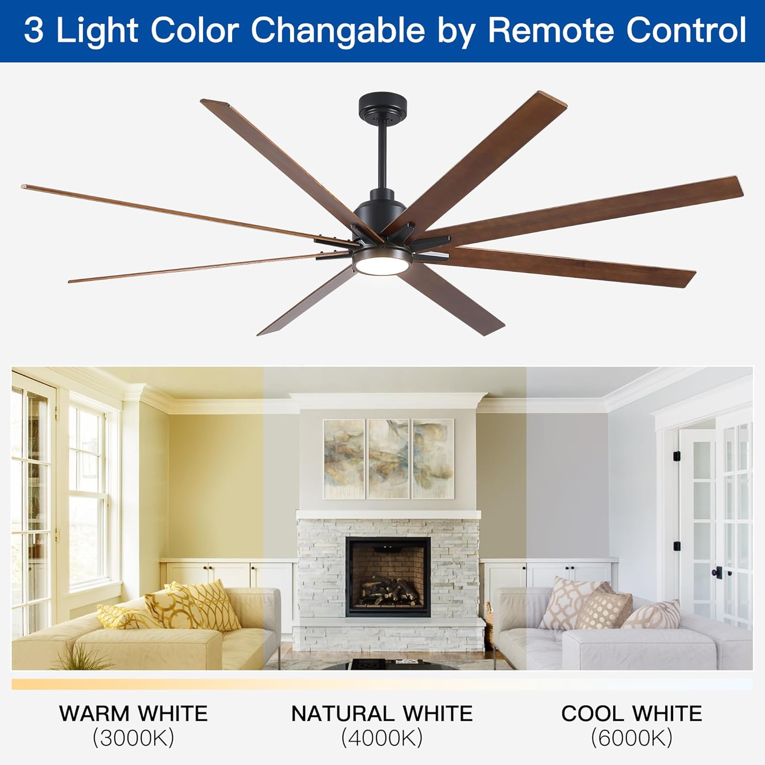 84" Ceiling Fan with Light and Remote Control, Extra Large Ceiling Fan Modern for Living Room, Outdoor, with Reversible Energy-Efficient Operation, Quiet Performance, Brown